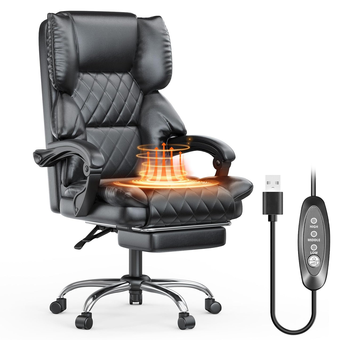 naspaluro Executive Office Chair with Footrest, Ergonomic Desk Chair, PU Leather Computer Chair with Padded Armrests and Soft Headrest Tilt Function, Height Adjustable Swivel Chair, Black