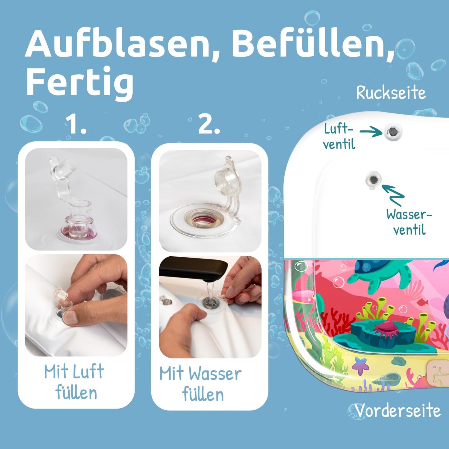 Mallie® Wassermatte Baby 66x50 CM [100% BPA & Schadstoff-Frei] ab 3, 6 und 9 Monate im Ozean Blau Design I Baby Spielzeug, Spielzeug Ab 6 Monate als Wassermatte Baby und Baby Spielzeug 6 Monate