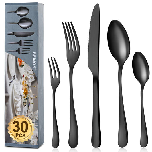 BEWOS Besteckset für 6 Personen, 30-teiliges Besteckset aus Edelstahl, Besteckset aus Silber, inklusive Messer, Gabeln und Löffel, hochglanzpoliert und spülmaschinenfest