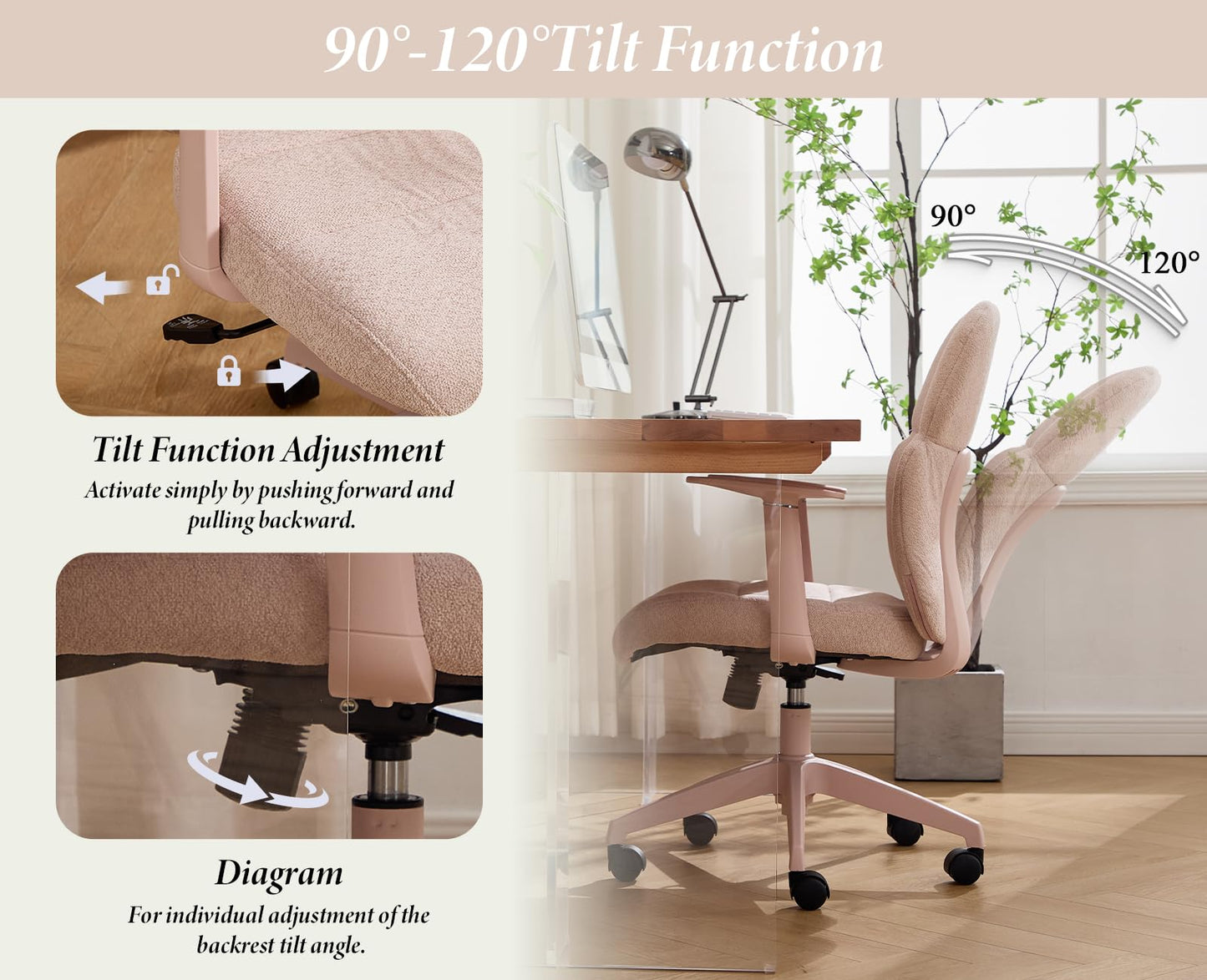 DAYALANE Ergonomischer Bürostuhl, Schreibtischstuhl Wippfunktion Höhenverstellbar aus Chenille, Computerstuhl Drehstuhl für Arbeitszimmer Büro Home Office, Rosa