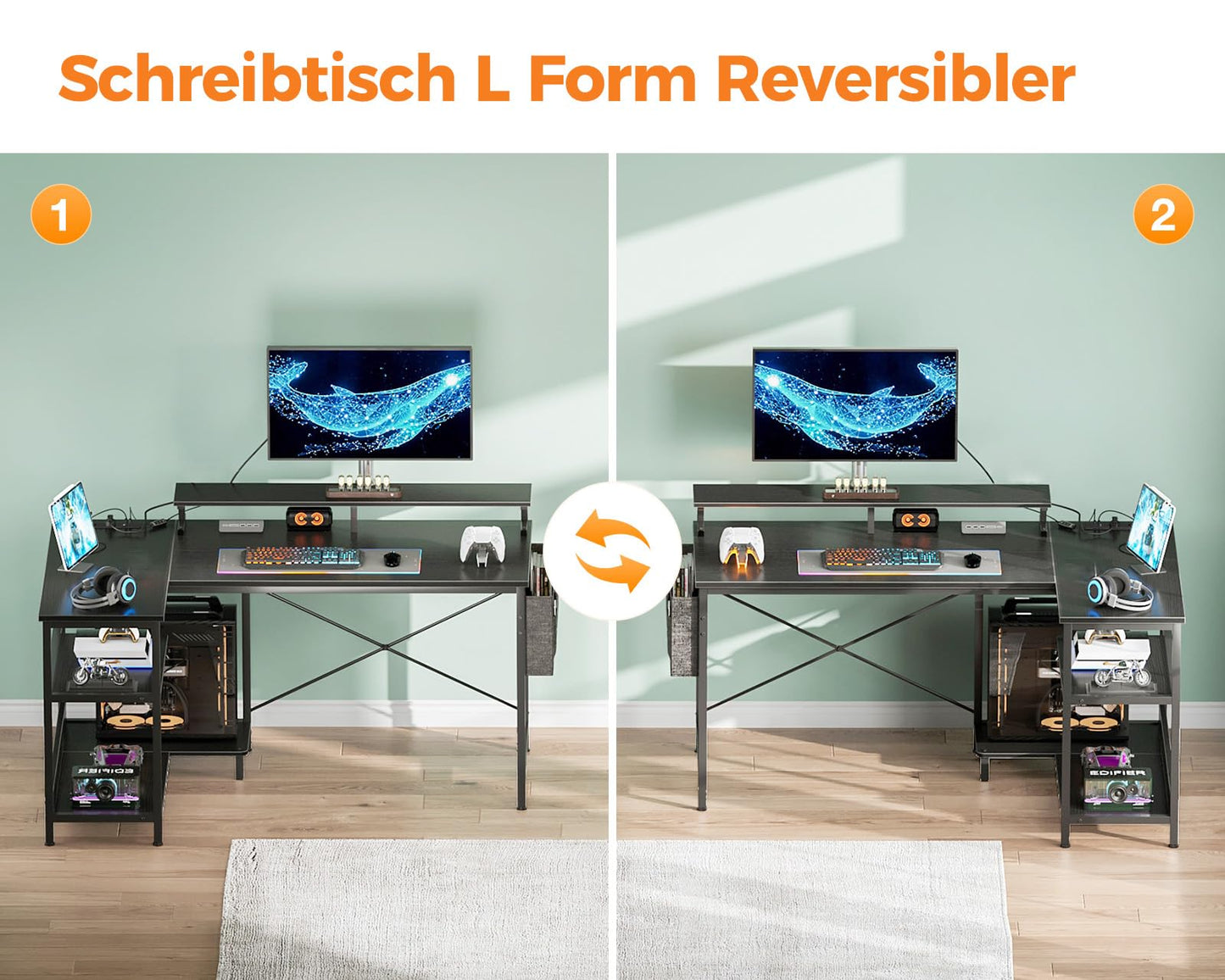 Coleshome Gaming Table L Shape with LED and Sockets, 120 x 80 cm Corner Desk with Shelf, Reversible Desk, L Shape, Black with Monitor Stand, Corner Table for Office, Study