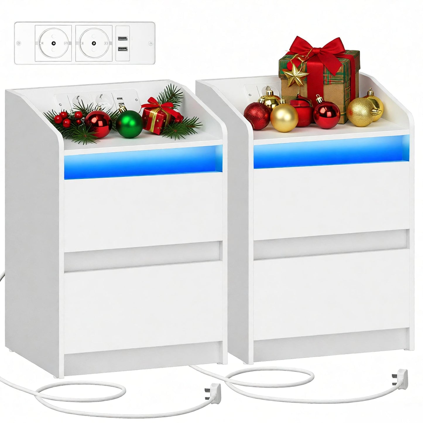 Hzuaneri Bedside Tables Set of 2 LED Lights, Charging Station and 2 Drawers, Side Table with USB Ports & Sockets, Stylish and Versatile, for Living Room and Bedroom, Black NS30104X