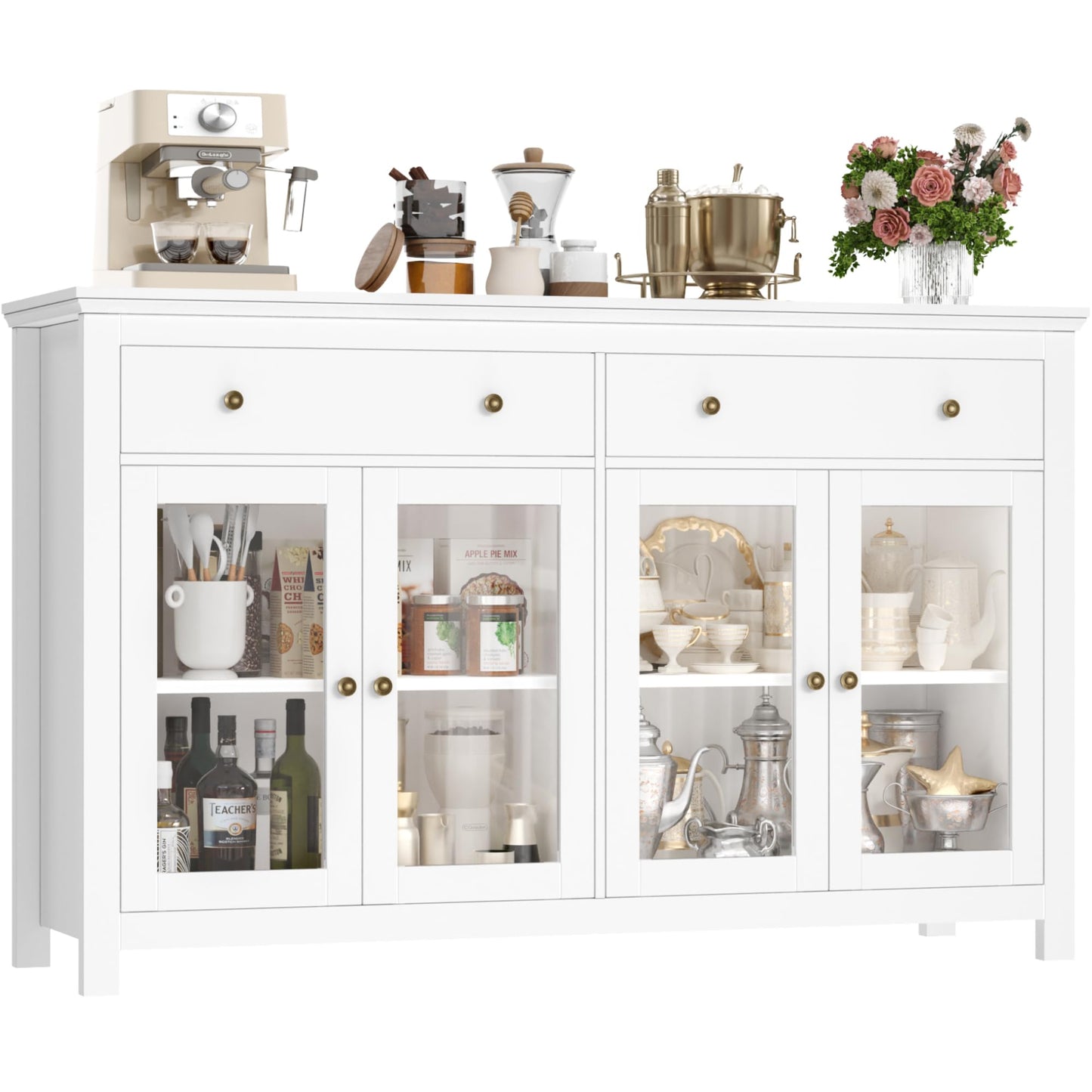 FirFurd Sideboard 140 cm Wide Kitchen Cabinet with Worktop Sideboard for Kitchen Living Room Buffet Cabinet with 2 Drawers and 4 Glass Doors Kitchen Buffet with Adjustable Shelf 140 x 90.7 x 40 cm