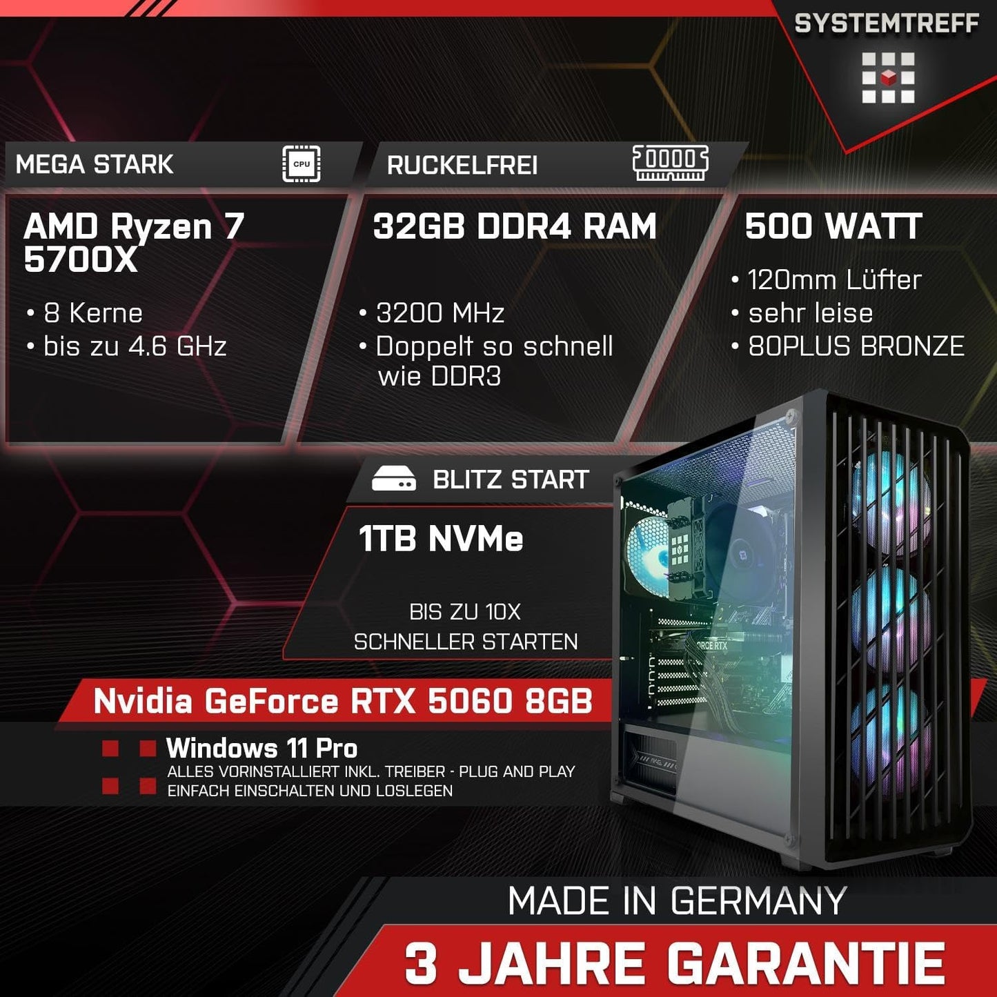 SYSTEMTREFF Gaming PC AMD Ryzen 7 5700X 8x4.6GHz | Nvidia RTX 5060 8GB DX12 | 1TB M.2 NVMe | 32GB DDR4 RAM | Windows 11 | WLAN Desktop Computer Rechner für Gamer, Zocker & Streamer