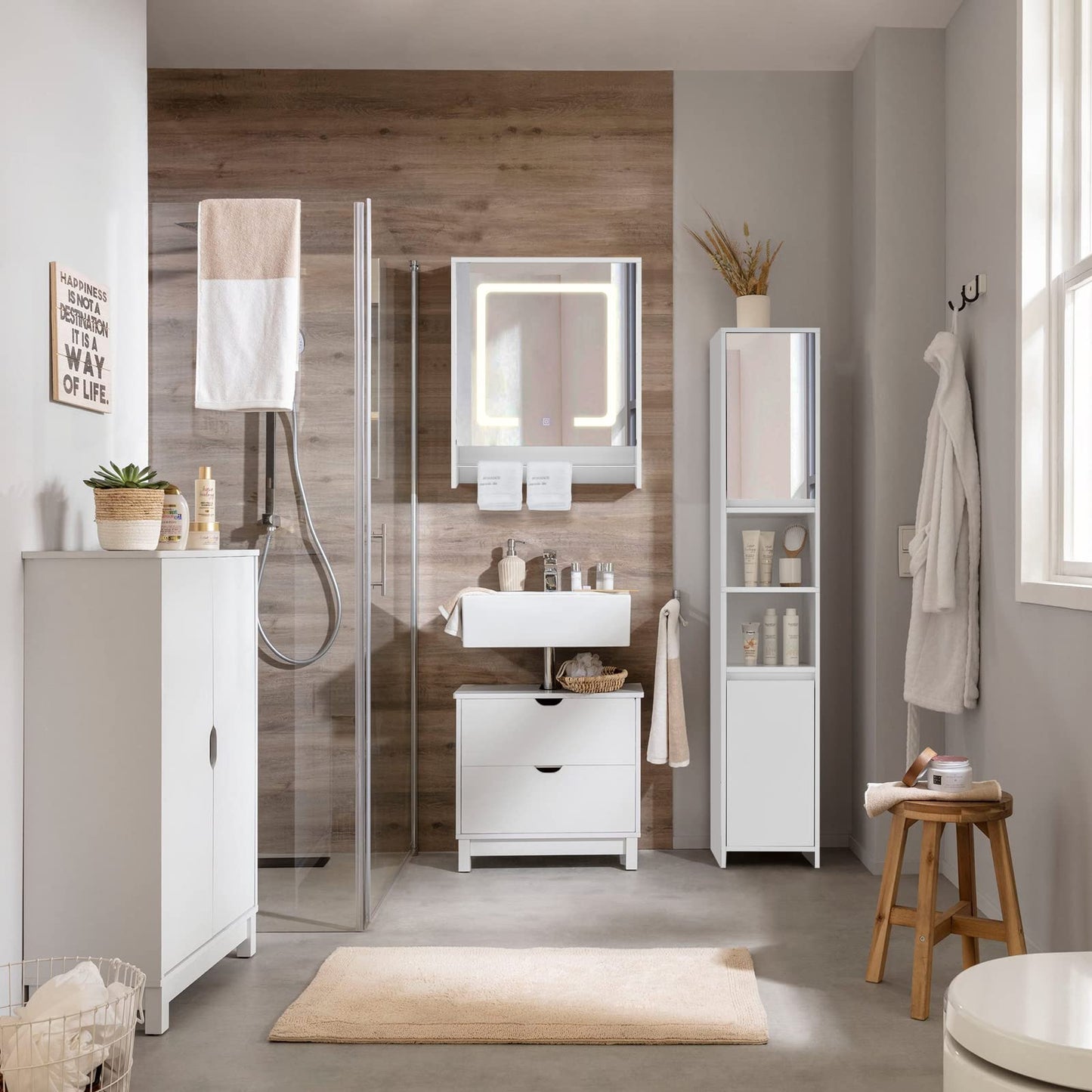 TUKAILAI Mirror Cabinet with LED Lighting, 6 Open Shelves and Adjustable Shelves, Bathroom Mirror with Touch Switch, Bathroom Mirror, Light Mirror, Wall Mirror, Bathroom Cabinet for Bathroom