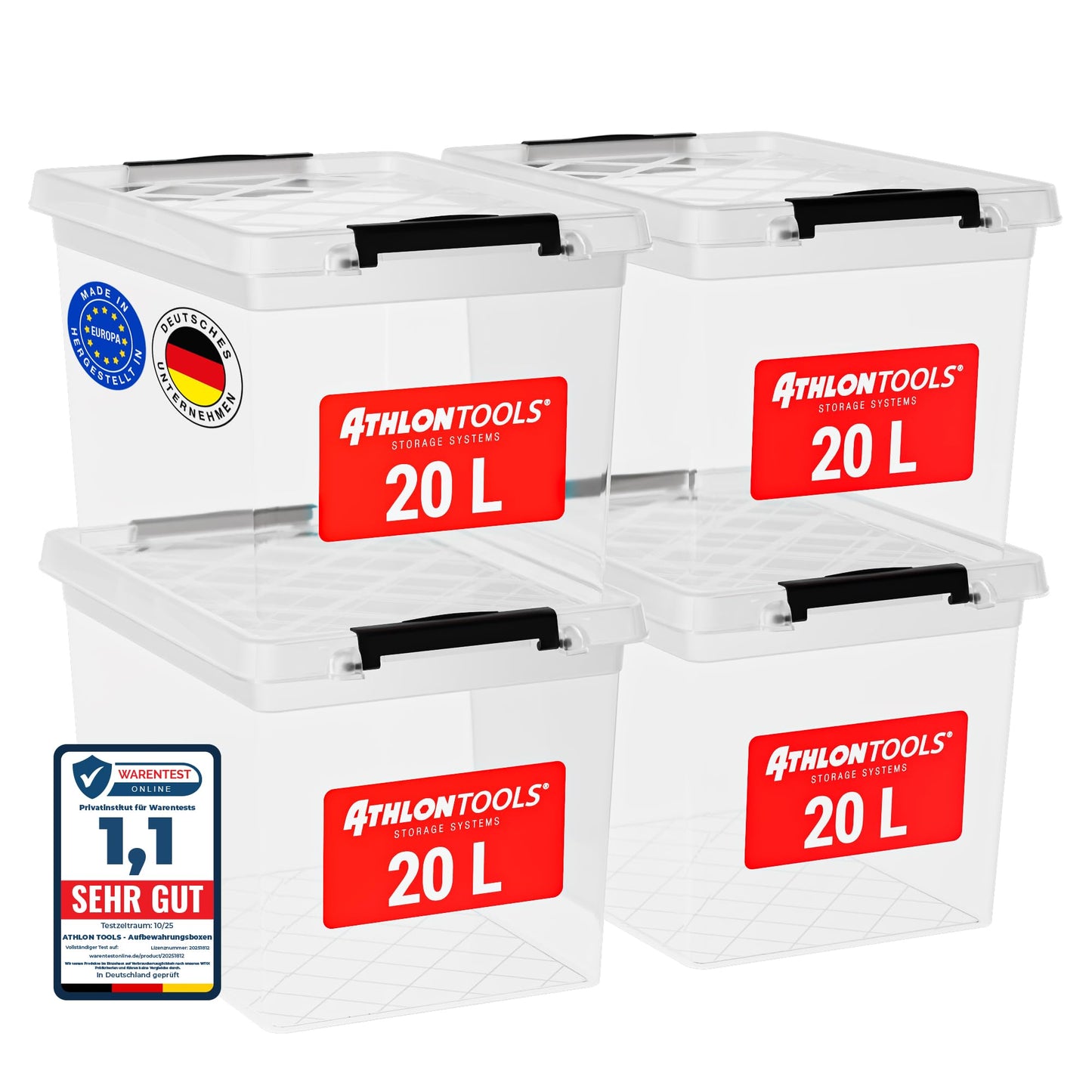 ATHLON TOOLS 4 x 60 L Storage Boxes with Lid, Food-Safe, Locking Clips, 100% New Material Plastic Box, Transparent, Clothes Boxes, Stackable