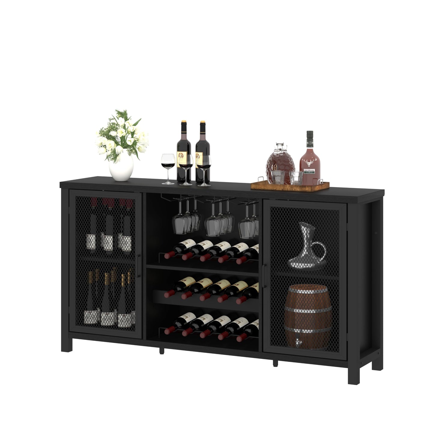 Mudmasa Küchenschrank Buffetschrank Sideboard Barschrank, Küchekommode Holz, mit 2 Türen, Weinschrank Beistellschrank für Wohnzimmer, Küche, Esszimmer, 35 x 140 x 82 cm, Schwarz