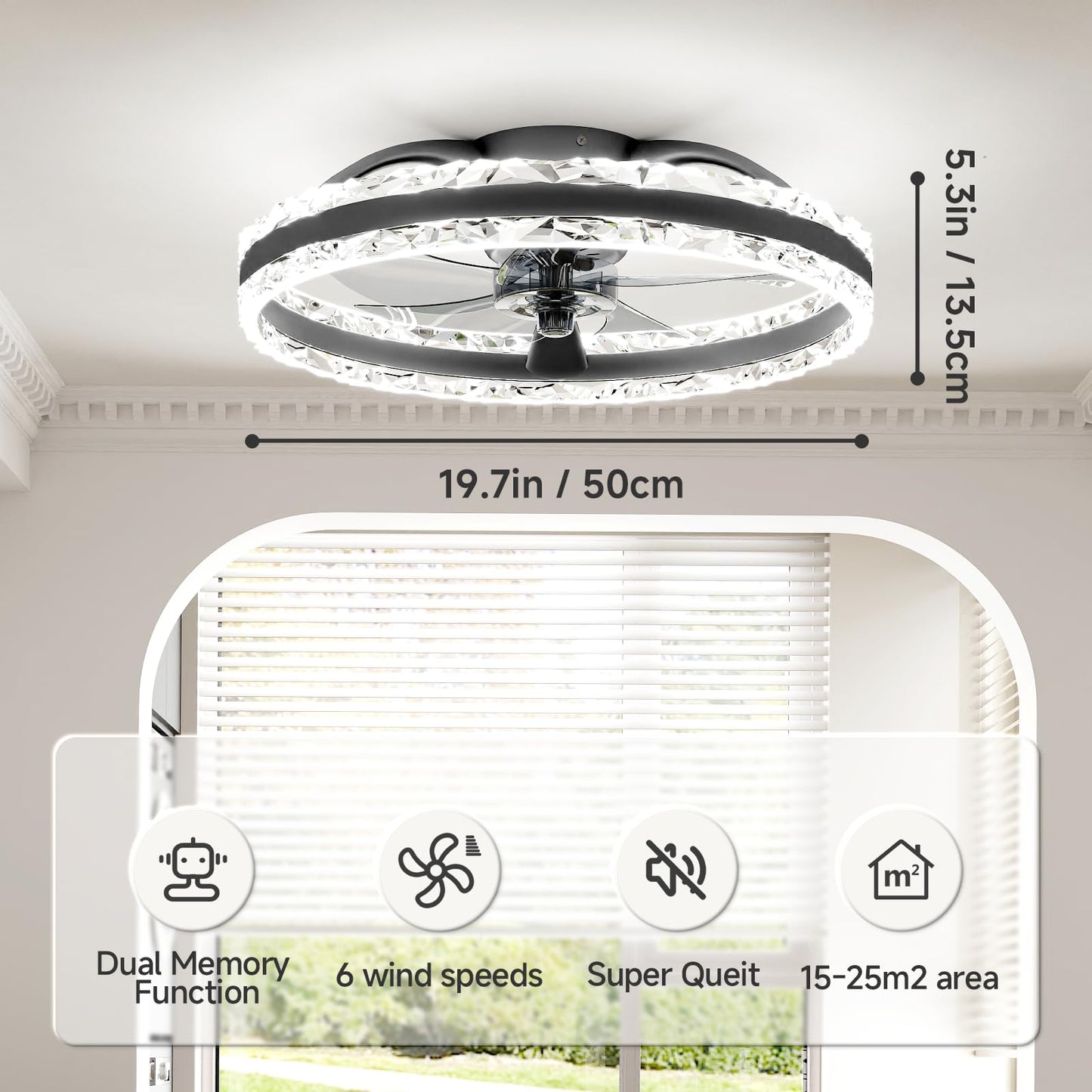 VOLISUN Ceiling Fan with Lighting and Remote Control, 6 Wind Levels and Dimmable, Modern Ceiling Light with Fan, Quiet LED Ceiling Fan for Bedroom, Living Room (White, 50 cm)