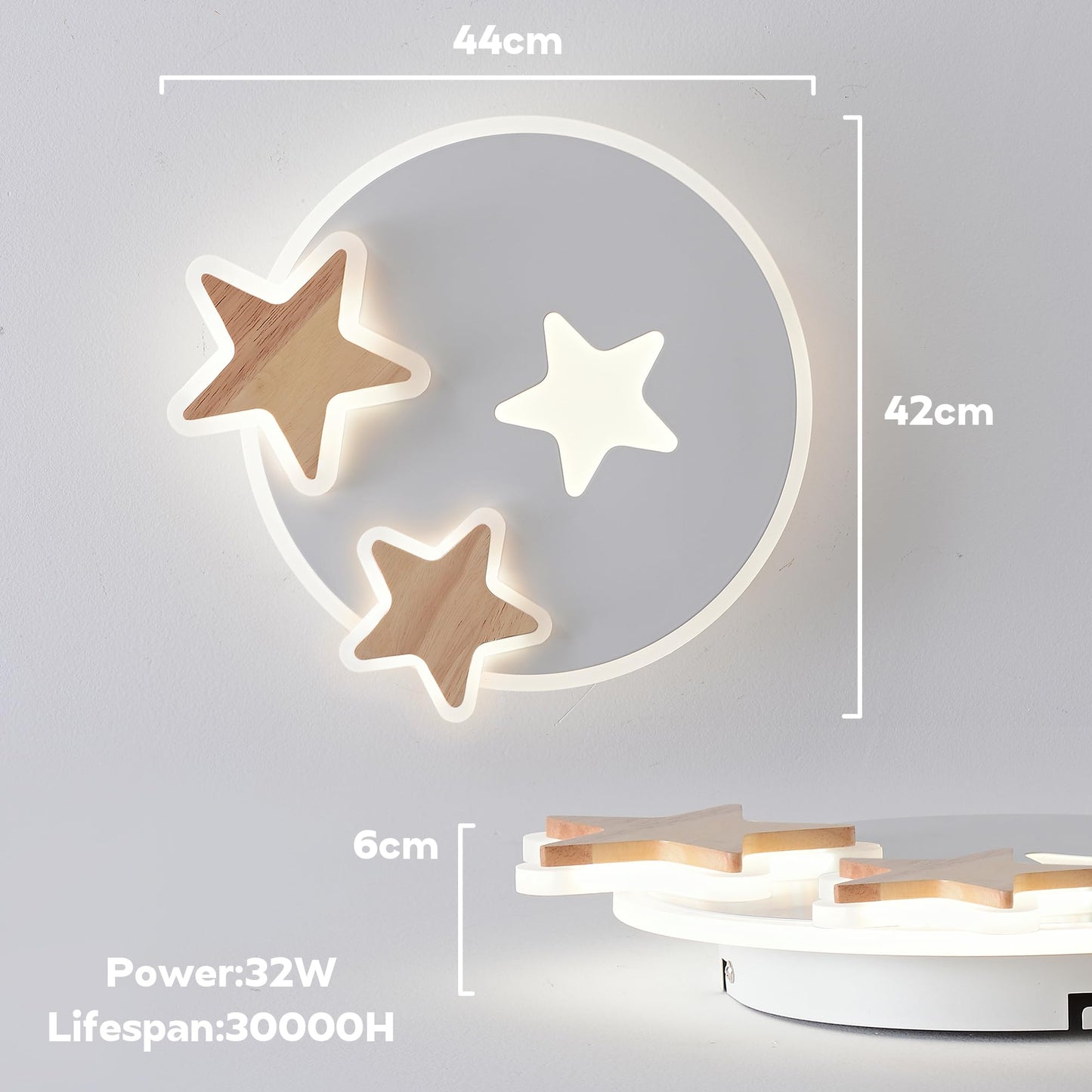 34 cm LED Ceiling Light Bedroom Wooden Children's Room Lamp Ceiling Star Children's Lamp Dimmable Ceiling Lamp for Children Lamp with Remote Control