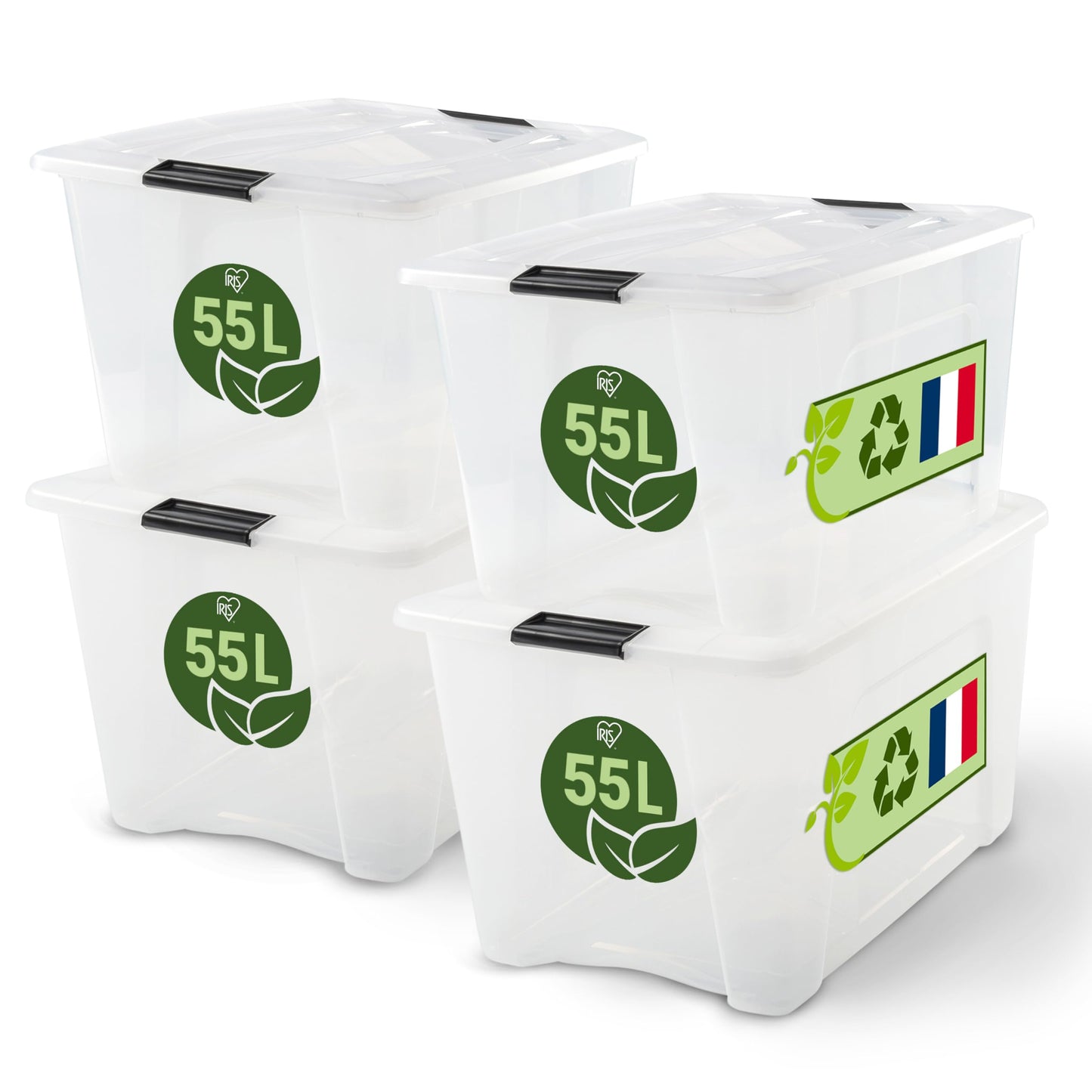 Iris Ohyama Storage Boxes with Lids, 55L, Set of 4, Transparent, Secure Closure, Stackable, Handles, Bedroom, Closet, Office, Organisation, BPA-Free Plastic, Organiser Boxes, BSB-55