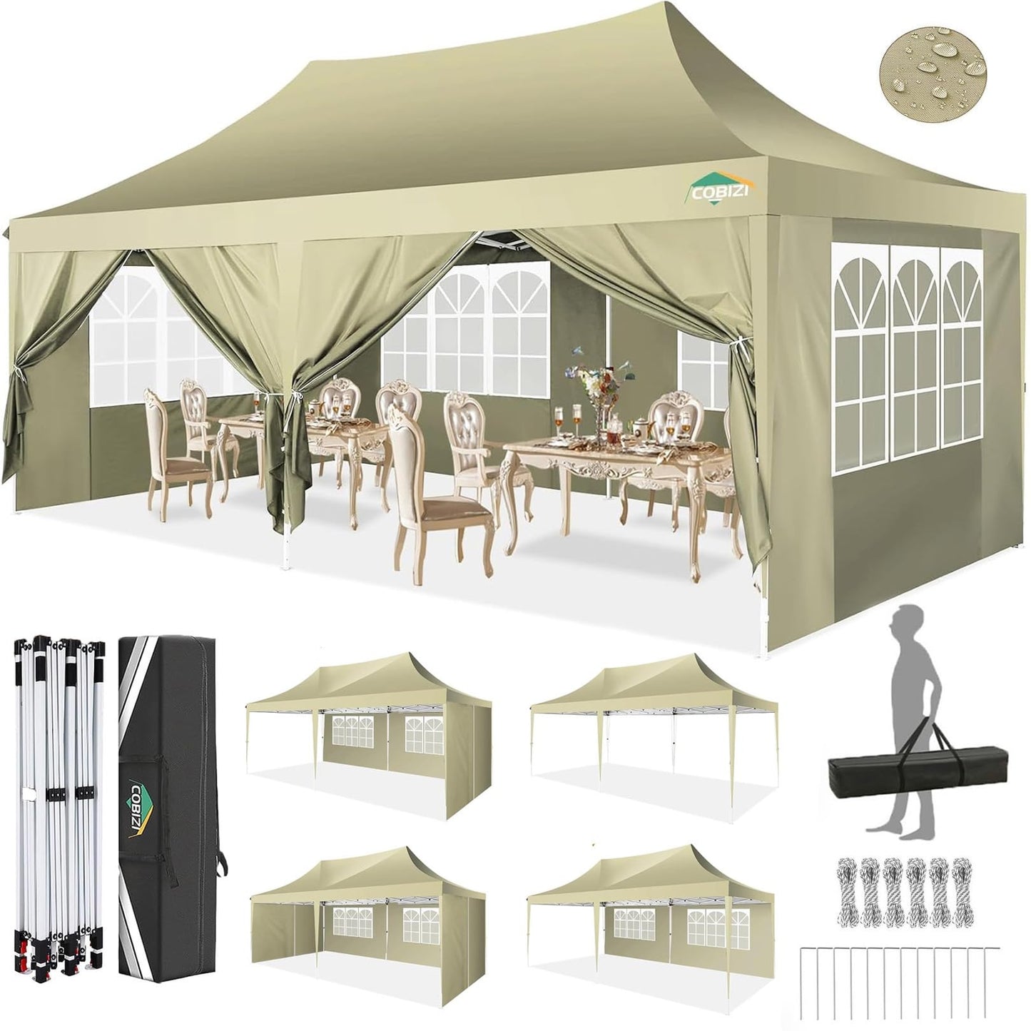 COBIZI Pavillon 3x6,Faltpavillon 3x6 Wasserdicht Stabil Winterfest, Sofort aufklappbare Vordächer Outdoor Gartenzelt mit 6 Seitenteilen, für Party Garten Festival, Weiß