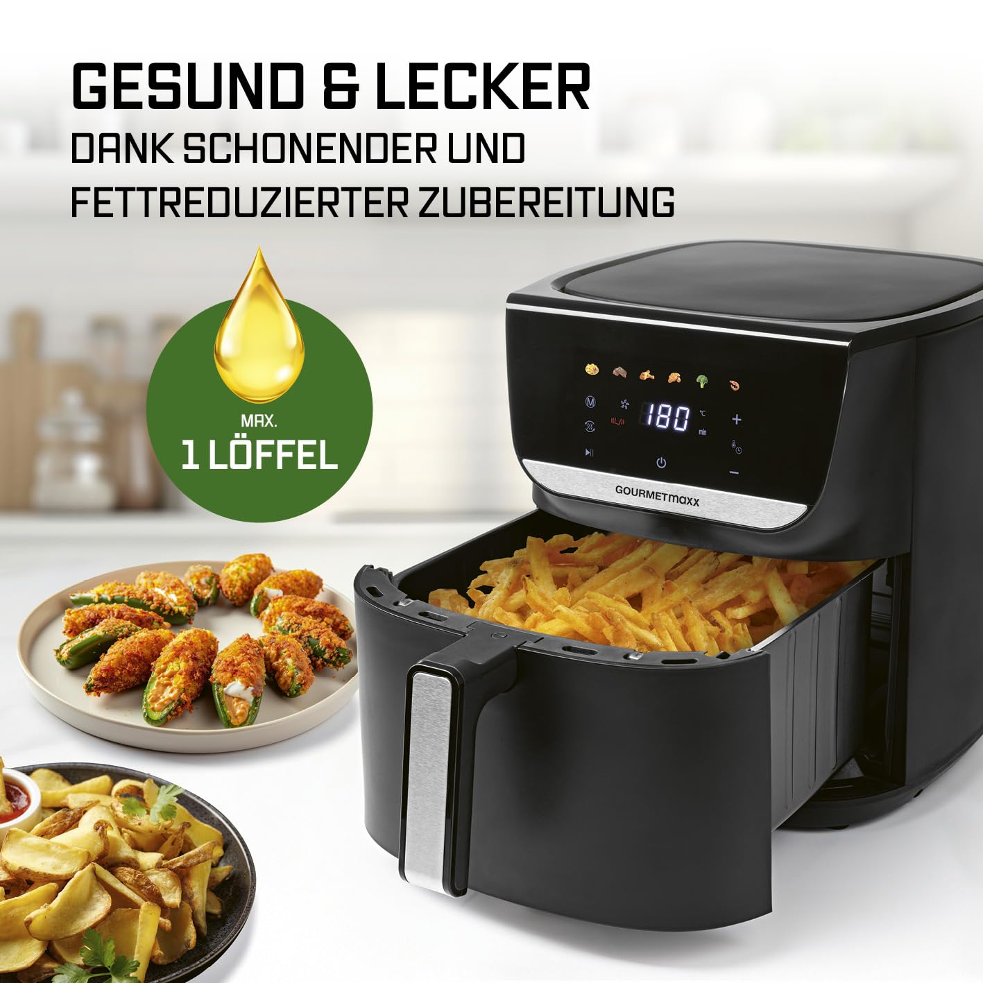 GOURMETmaxx Digitale Heißluftfritteuse 12 L, XXL-Edelstahl-Ofen | Airfryer + Timer, Touchdisplay, Drehspieß | fettarm, energiesparend frittieren | 10 Programme inkl. Pizza | 1800 W