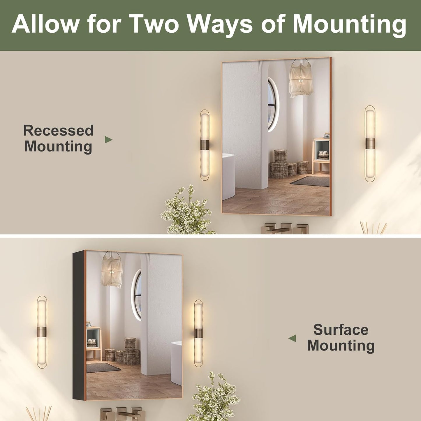 Aovquof Mirror Cabinet with Lighting - 90 x 60 cm Bathroom Mirror Cabinet with Storage Space, Bathroom Mirror Cabinet with Adjustable Dimmable LED Lights with Demist Function, Modern Cream Colour