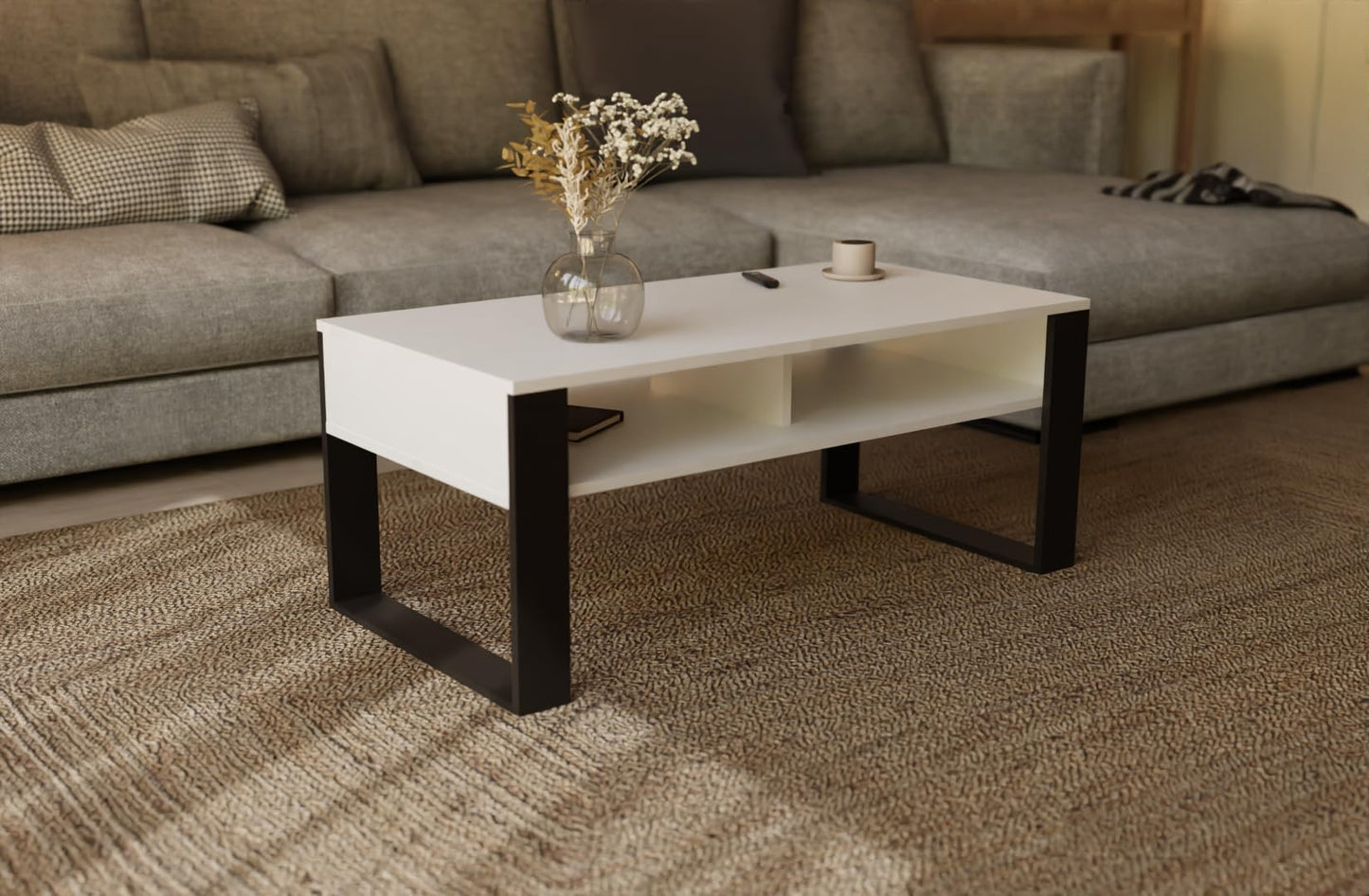 Artisan Coffee Table, Retro Loft Bench, Open Double Shelf, Skate Legs, Ideal for Coffee Get-Togethers, Laminated Top, Large Surface, Guaranteed Stability, White 3