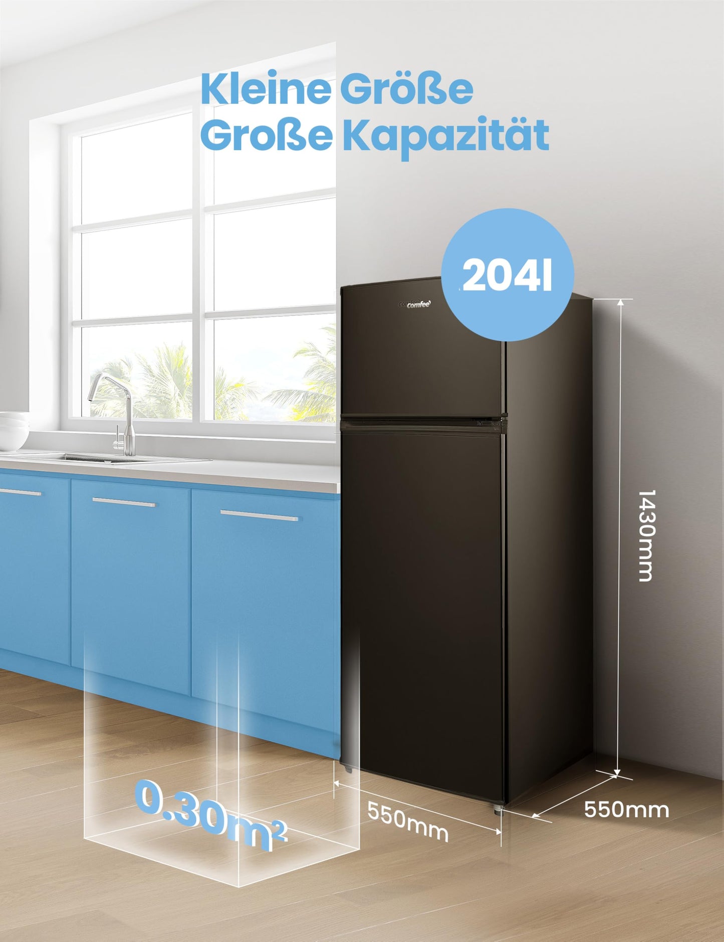 Comfee RCT284DK2A Fridge/Freezer, Top Freezer Compartment, 176 kWh/Year, 143 cm Height, LED Light, Reversible Door Hinge, Black