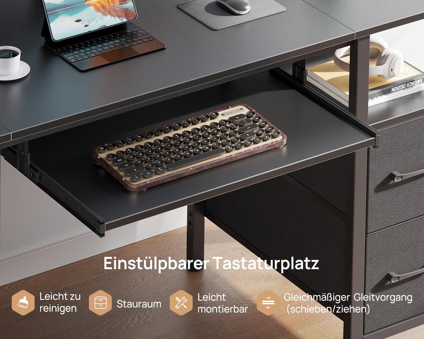 Rolanstar Desk with Drawers, 120 x 47 cm Gaming Table with Socket, LED & Monitor Stand, Computer Desk with Keyboard Tray, Gaming Desk for Home Office, Office, Living Room, White