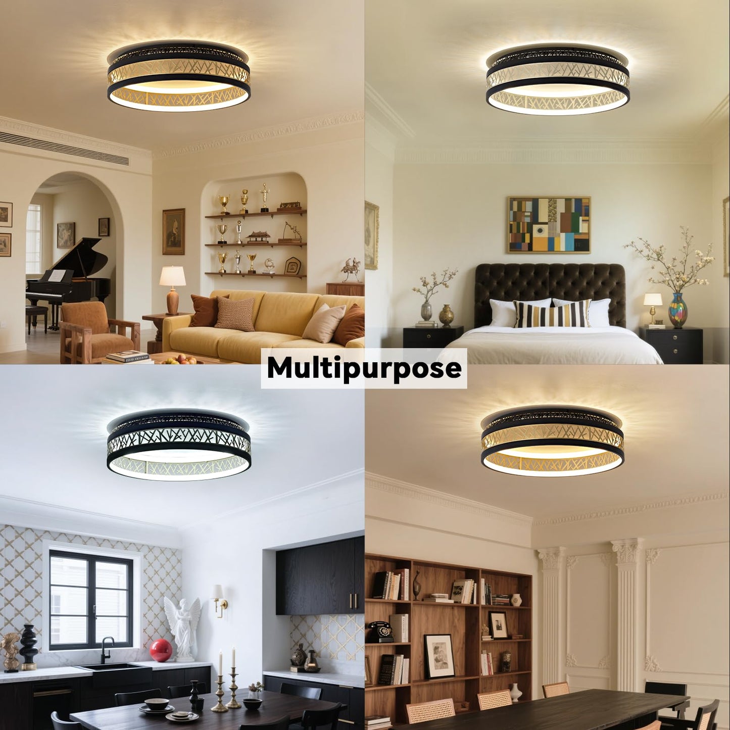 LED Ceiling Light with Remote Control, Dimmable Bedroom Lamp with Matte Compatible with HomeKit, Alexa, Google and IFTTT, Round, Black Gold, Hollow Design, Living Room, Diameter 50 x Height 12 cm