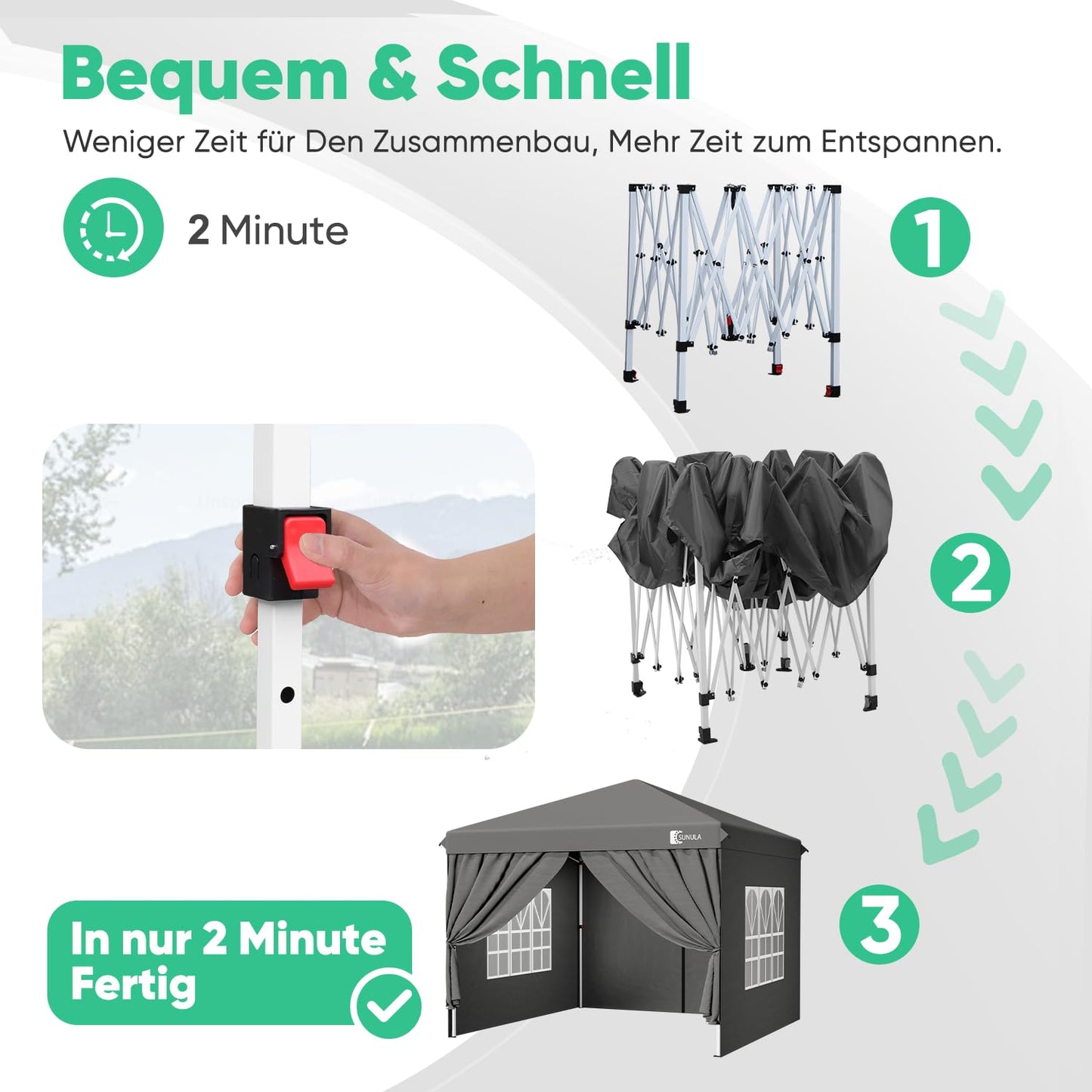 Gazebo 3 x 3 Waterproof Stable Winterproof with 4 Side Walls, Folding Gazebo 3 x 3 m with Thickened Tubes, Party Tent, Garden Gazebo, Folding Tent for Camping, Festival, Party (Grey)