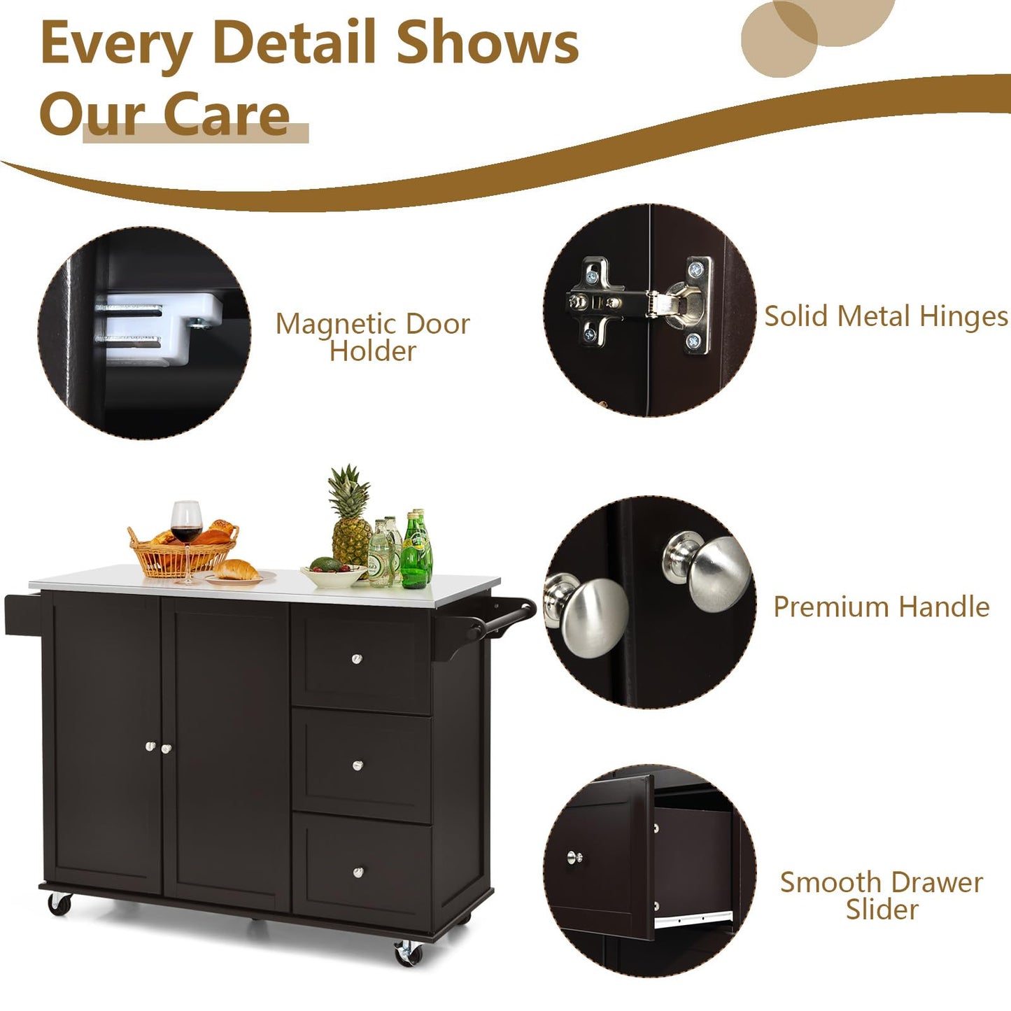 KOMFOTTEU Movable Kitchen Island with Stainless Steel Worktop, Kitchen Trolley with 3 Drawers & Towel Rail & Adjustable Shelf, Kitchen Cabinet on Wheels, Kitchen Trolley 135 x 45.5 x 91.5 cm (Black)