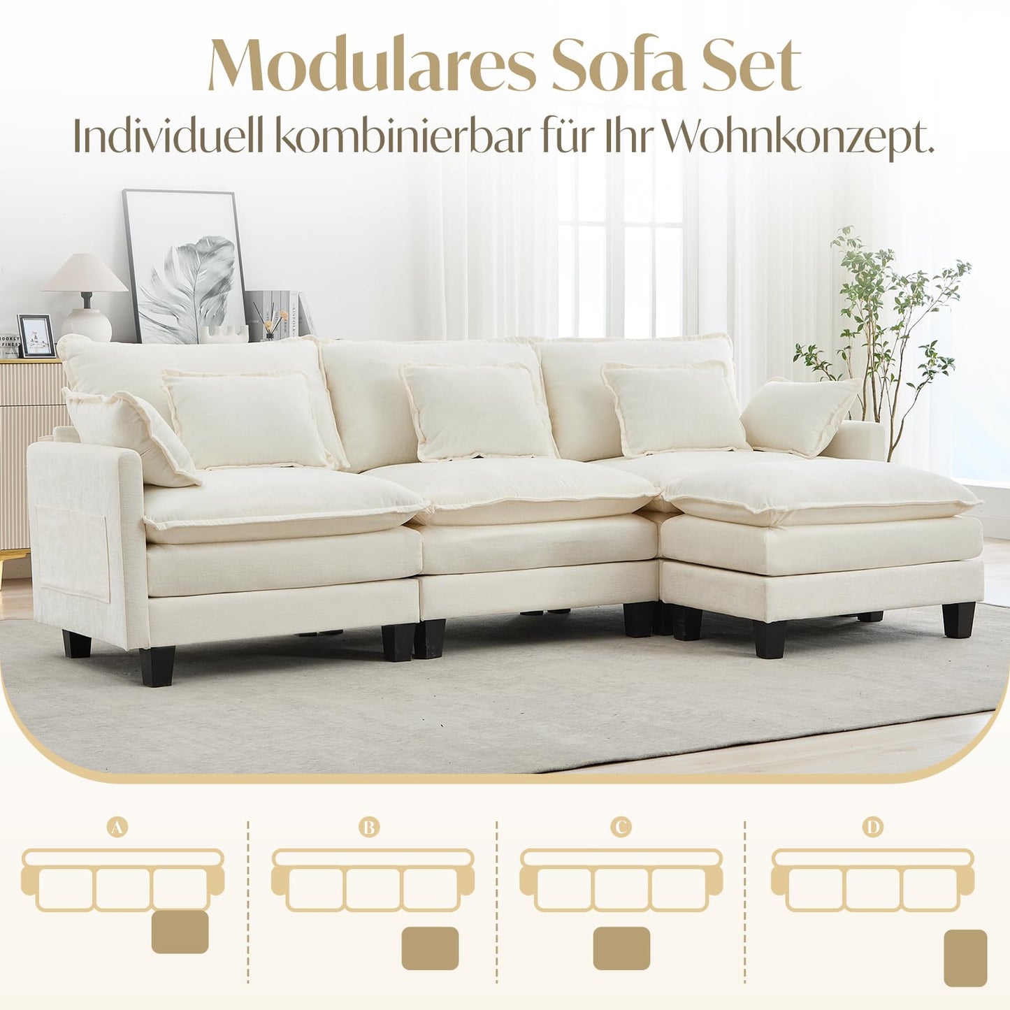 Modular Sofa with Sleep Function, Chenille Corner Sofa, Small with Thick Padding, Sofa L Shape Set with Couch Cushion, Comfortable Armchair, Living Room Couch with Stool, Chaise Lounge (Dark Grey, 287
