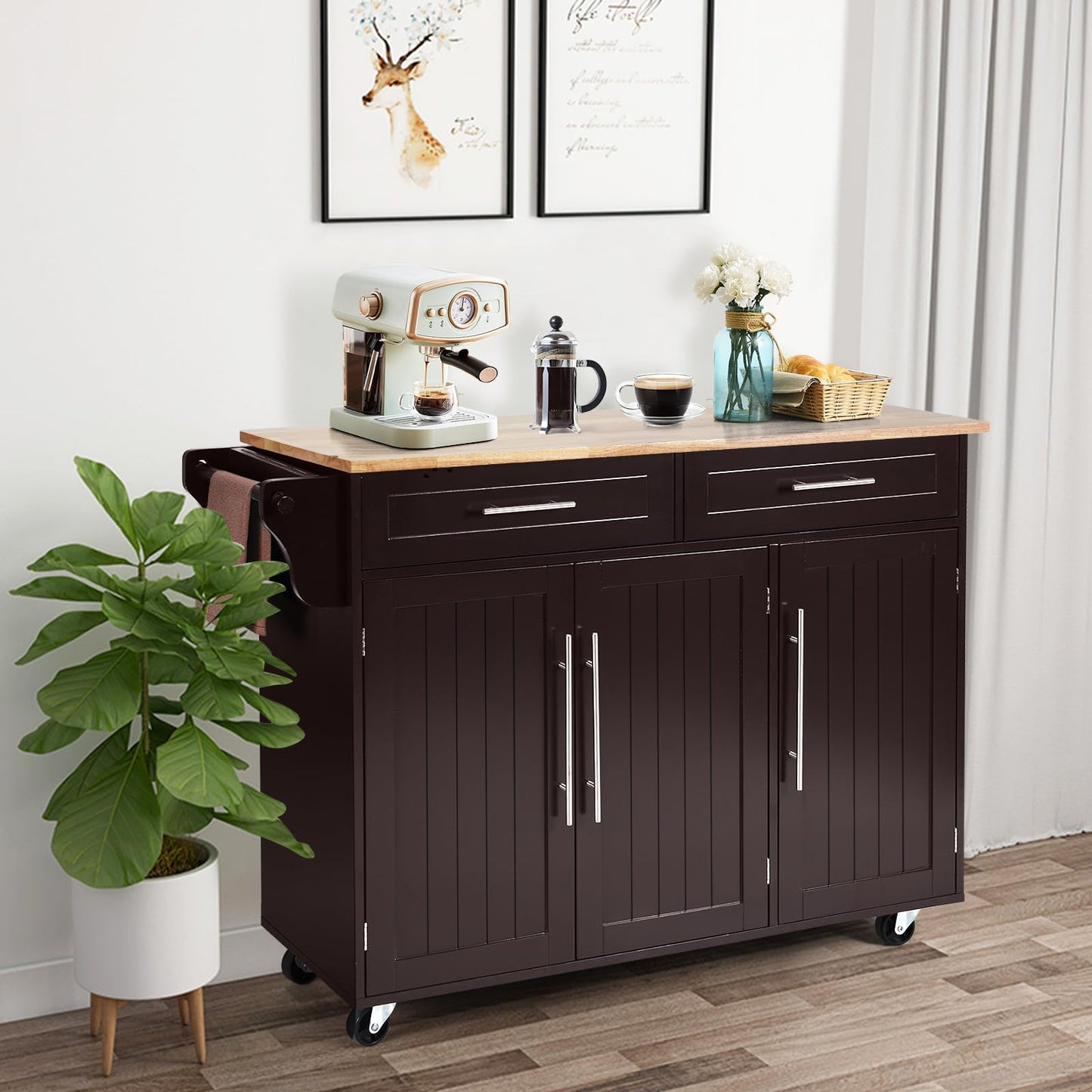 KOMFOTTEU Kitchen Trolley on Wheels, Wooden Serving Trolley with Worktop, Kitchen Island with Drawers, Towel Holder & Adjustable Shelves, Kitchen Cabinet Side Trolley Mobile 122 x 46 x 92 cm (Black)