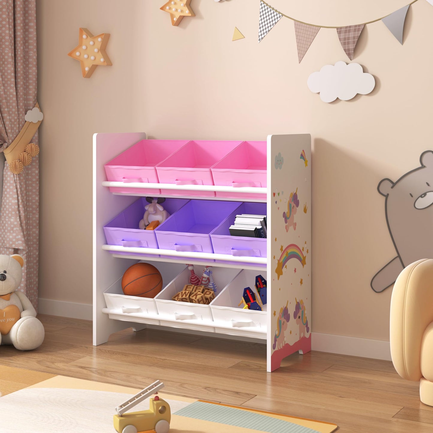 [en.casa] Boiro Children's Shelf, 60 x 62 x 30 cm, Standing with 9 Folding Boxes, Toy Storage Shelf, Ocean Motif