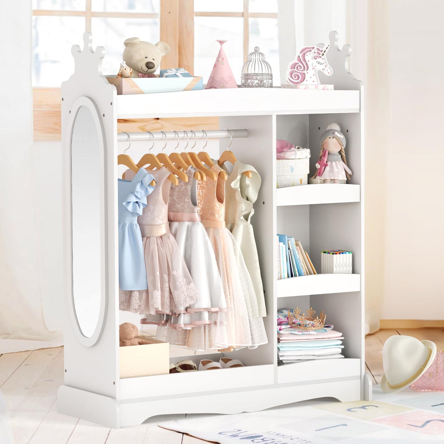 LUE BONA Children's Wardrobe with Mirror and Clothes Rail, Children's Coat Rack with 3 Hooks and 3 Open Shelves, Children's Wooden Wardrobe for Children's Room, 85 x 34 x 112 cm, White