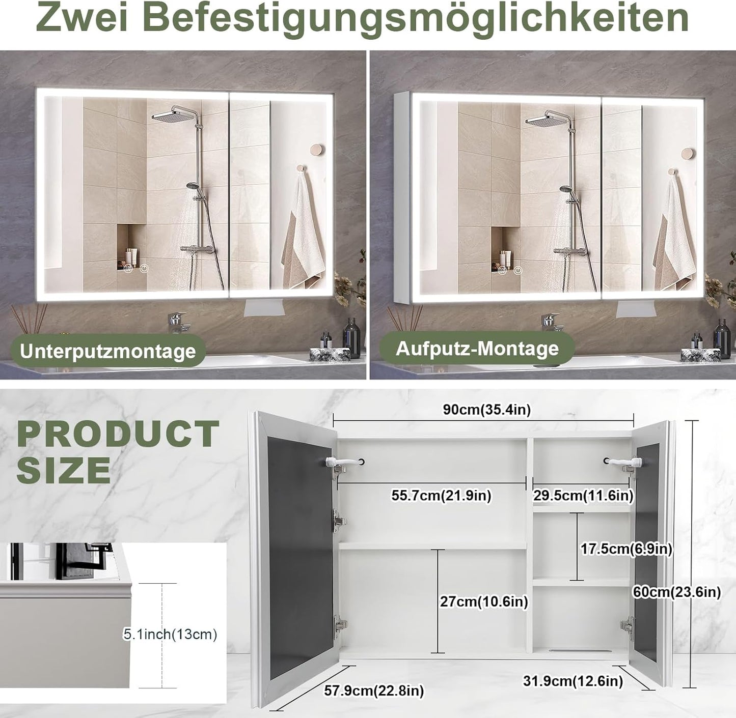 Aovquof Mirror Cabinet with Lighting - 90 x 60 cm Bathroom Mirror Cabinet with Storage Space, Bathroom Mirror Cabinet with Adjustable Dimmable LED Lights with Demist Function, Modern Cream Colour