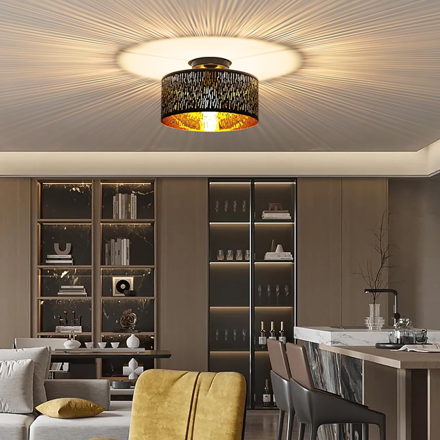 FRIDEKO HOME Moderne Deckenlampe Schwarz,Durchbrochener Rund Ø30cm Deckenleuchte E27 One Flammige Stoff Lampenschirm Lampe für Schlafzimmer Wohnzimmer Küche Flur