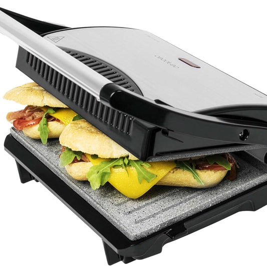 Cecotec Rock'n Grill Electric Grill with Grill, 700 W, Surface 23 x 14.5 cm, Non-Stick Coating, PTFE Free, PFOA Free, Floating Plate, Cold Handle, Light Indicator, Vertical Storage