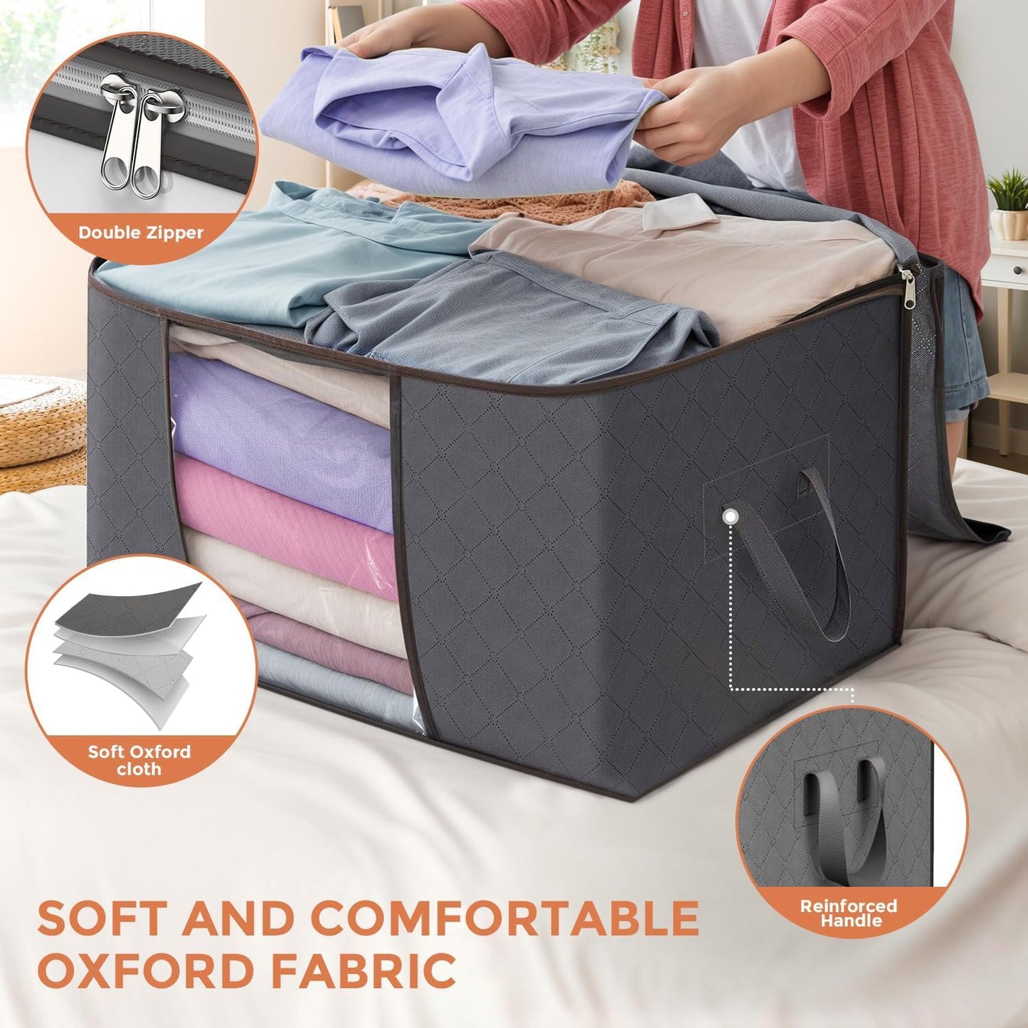 Budding Joy Pack of 6 90 L Storage Bags, Storage Boxes with Lid, Large, Clothes Storage, Moving Boxes, Foldable Underbed Wardrobe for Clothes, Duvets and Bedding, Grey