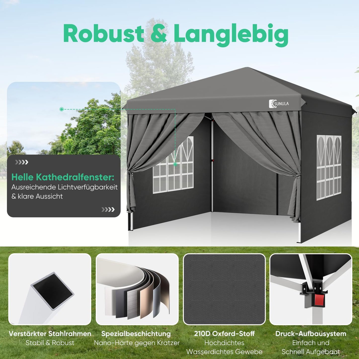 Gazebo 3 x 3 Waterproof Stable Winterproof with 4 Side Walls, Folding Gazebo 3 x 3 m with Thickened Tubes, Party Tent, Garden Gazebo, Folding Tent for Camping, Festival, Party (Grey)