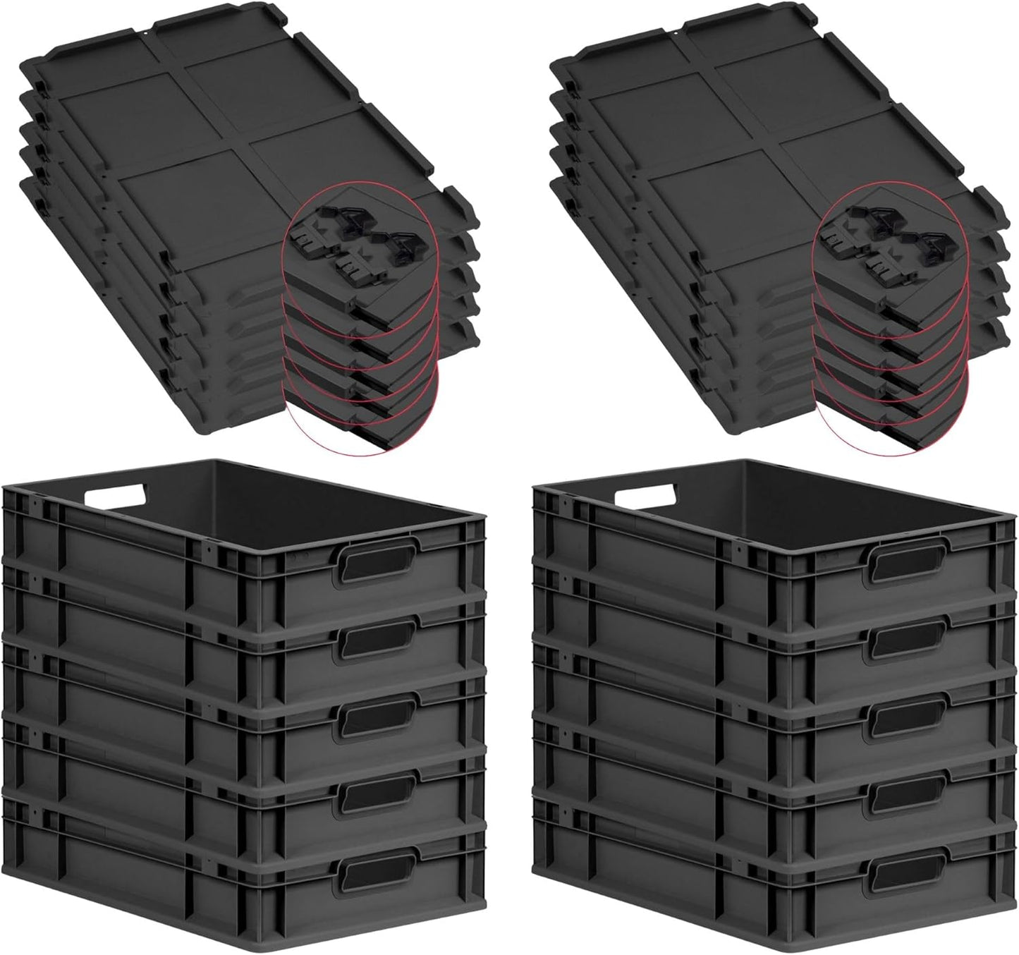 PROREGAL SuperSparSet 3 x Eurobox NextGen Grip with Lid and Yellow Clasps, H x W x D 32 x 40 x 60 cm, 65 Litres, Open Handles, Reinforced Base, Euro Container, Transport Box