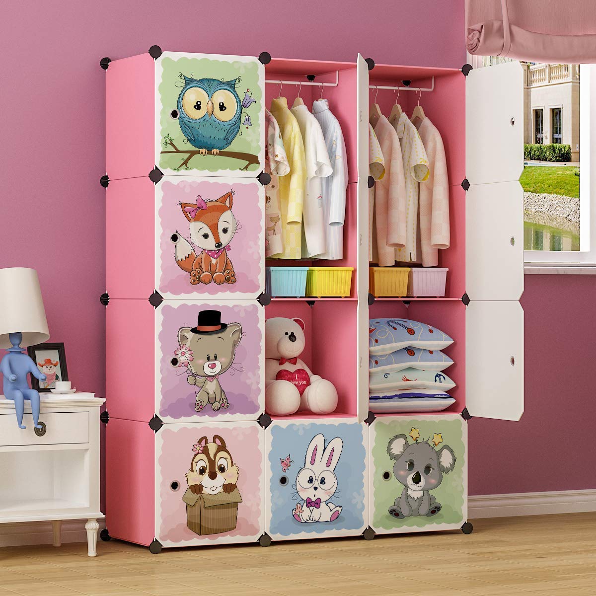 BRIAN & DANY Expandable Children's Shelf, Children's Wardrobe, Tiered Shelf, Bookcase with Doors, Deeper Compartments than Normal (45 cm vs. 35 cm) for More Space, 75 x 47 x 147 cm, Pink