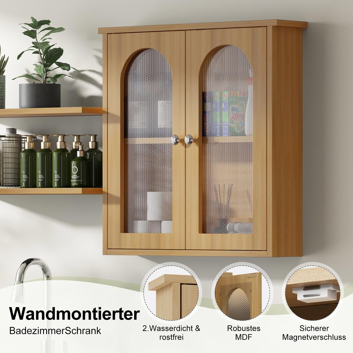 Bathroom Mirror Cabinet with 2 Doors, Wall Cabinet for Over the Toilet, Surface-Mounted Kitchen Wall Cabinet, Wall Cabinet with Shelves, Multifunctional Bathroom Cabinet, Natural