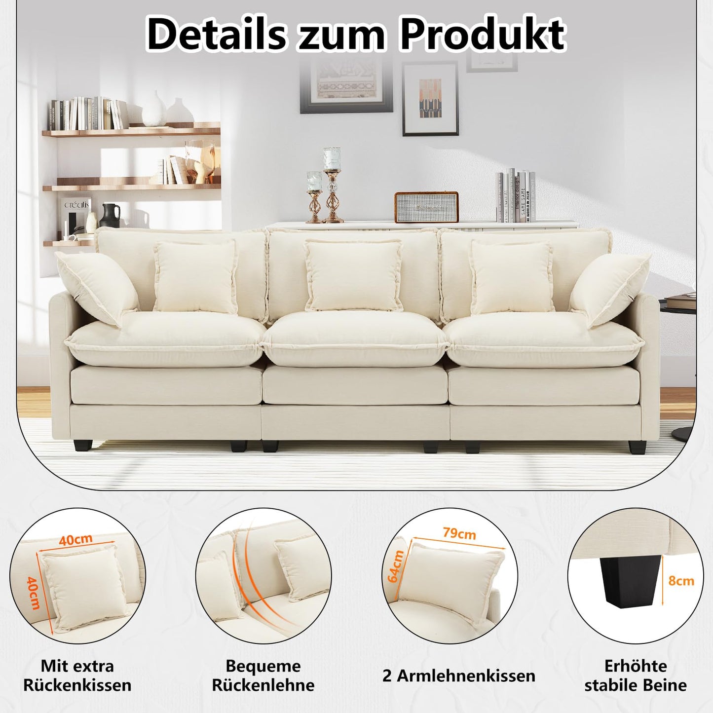 Urhanherry U-Shape Cloud Sofa, Modular Sectional Sofa, 6-Seater with 2 Ottomans, Modern Sofa with Decorative Cushions/Armrests, Breathable Chenille Fabric, U Sofa Couch for Living Room, Beige