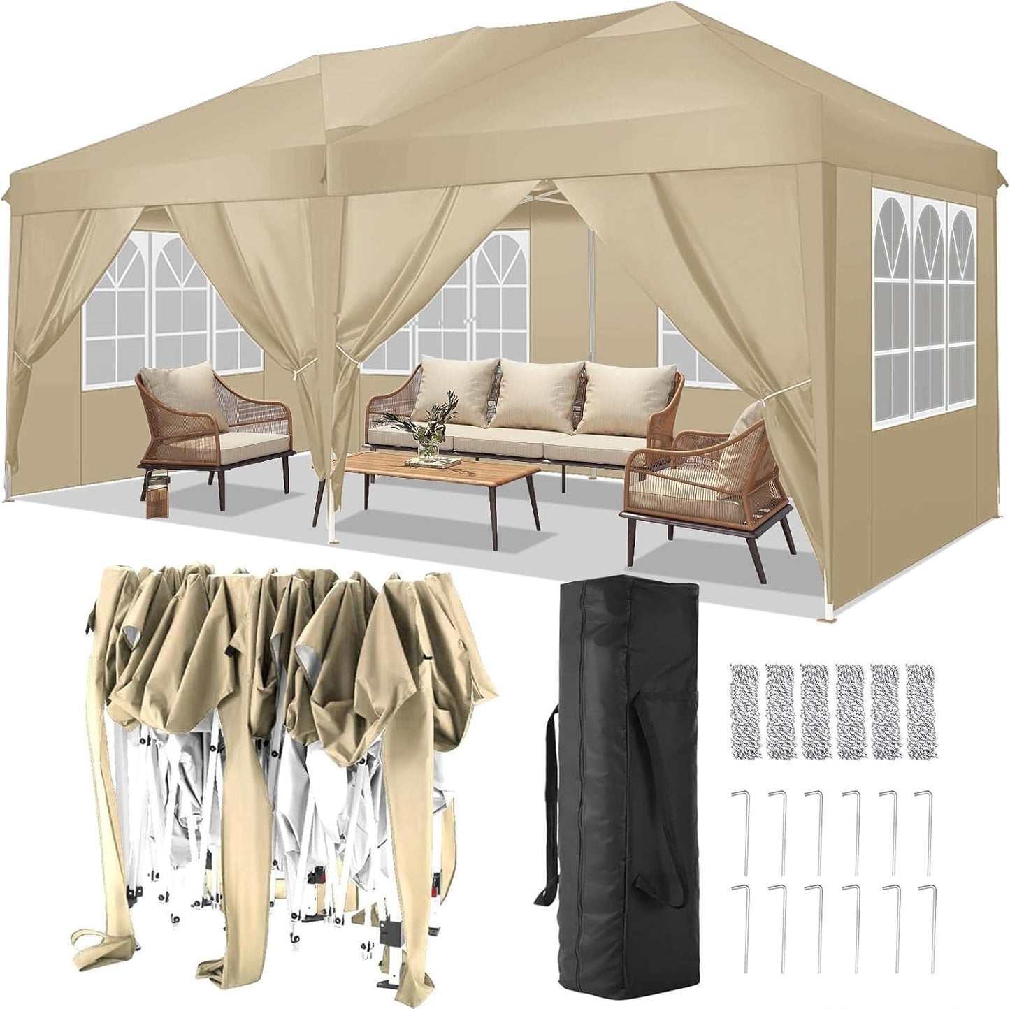 COBIZI Gazebo 3 x 6 Folding Gazebo Waterproof Stable Winterproof Foldable Party Tent with 6 Side Panels Pop Up Garden Gazebo UV Protection 50+ Height Adjustable for Beach Wedding Camping White