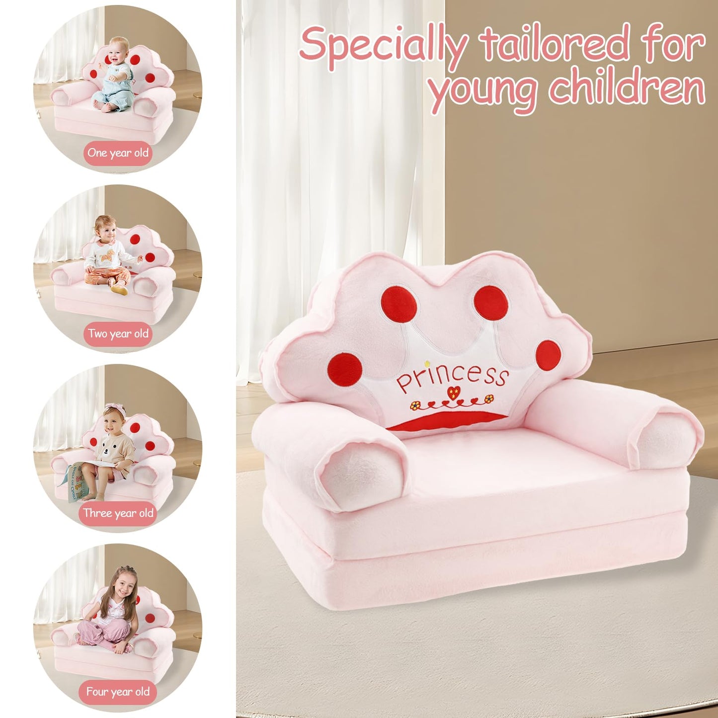 TNTGMG Children's Sofa, 2-in-1 Soft Toddler Chairs with Handle, 80 x 50 cm, Foldable Baby Lounge Chair, Convertible Play Sofa to Deck Chair for 1 to 4 Years Old Girls and Boys Playroom (Pink Crown)