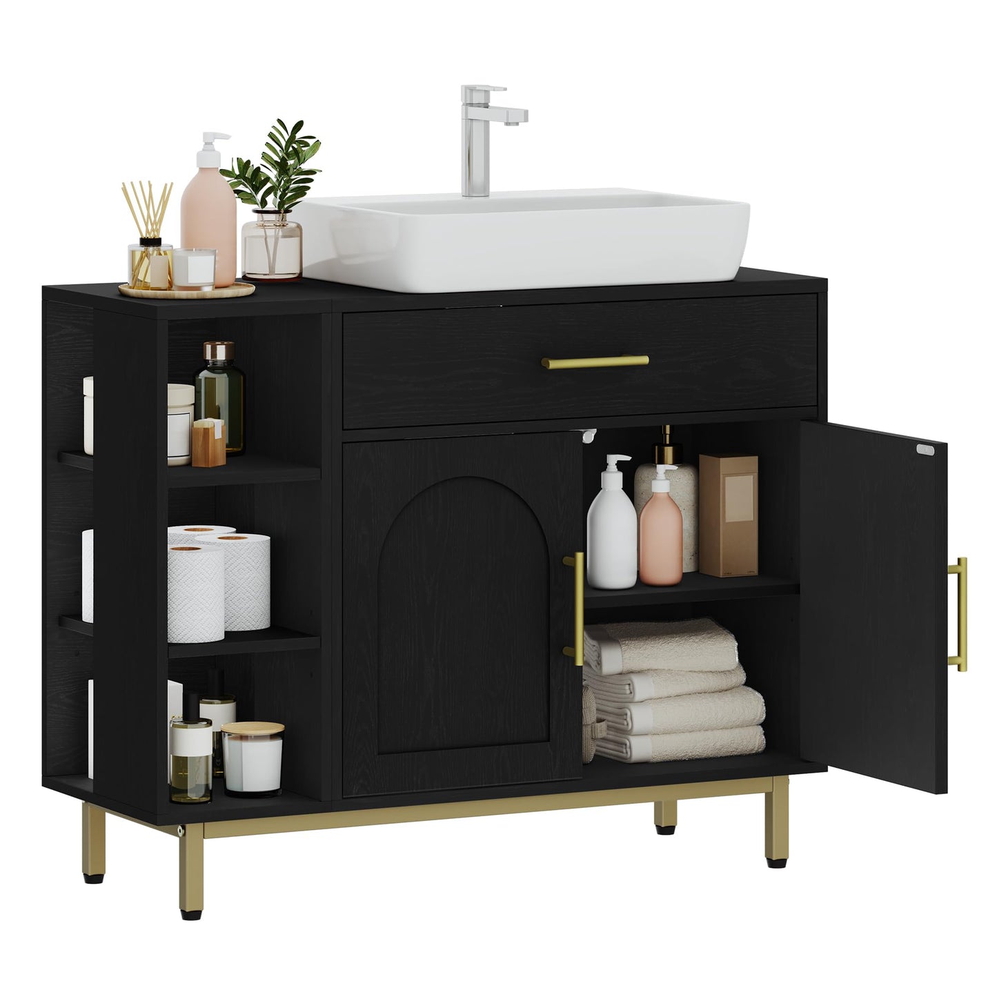 Hzuaneri BC28813G Bathroom Cabinet 1 Drawer 2 Cabinet Doors Open Compartment with 3 Levels Adjustable Shelf White 30 x 80 x 64 cm