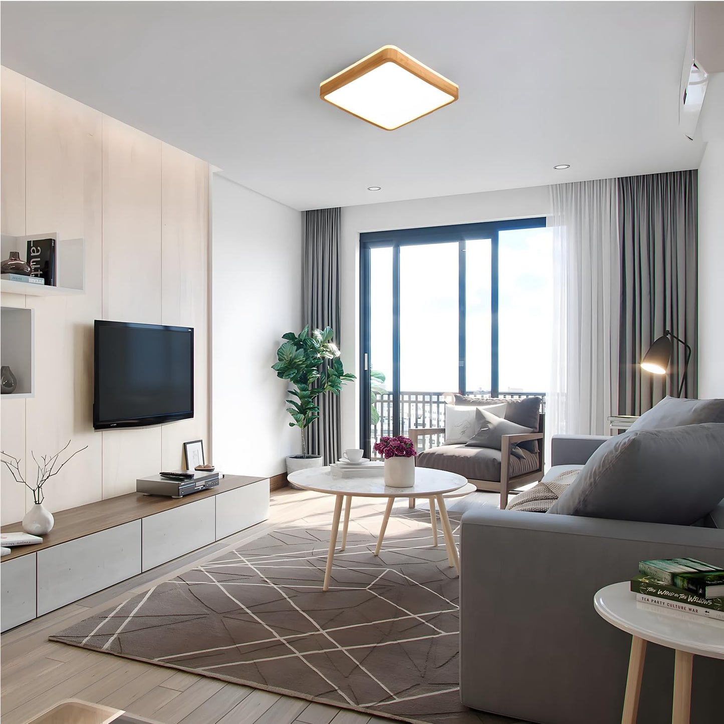 LED Wooden Ceiling Light, Diameter 30 cm, 3000 K, 1620 lm, 18 W, Ceiling Light with Square Top, 360° Luminous Natural Wood, Bedroom, Living Room, Children's Room, Kitchen, Dining Room (Warm White)