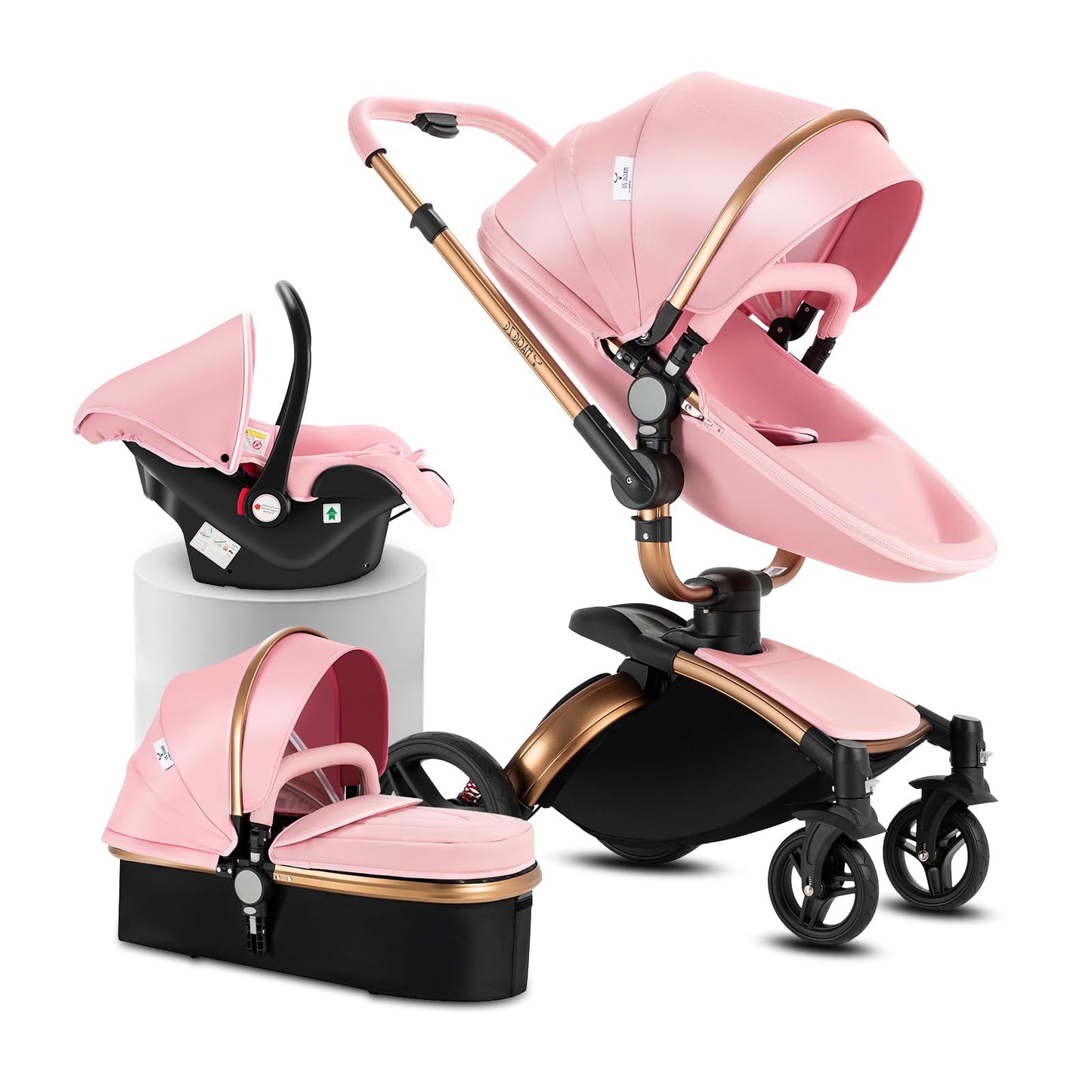 PU Leather Pushchair 3-in-1, Buggy with One-Click Folding Design, Pushchair with Two Reversible Sliding Modes, Combination Pushchair 3-in-1 Complete Set Frame Aluminium Alloy (518 Black)