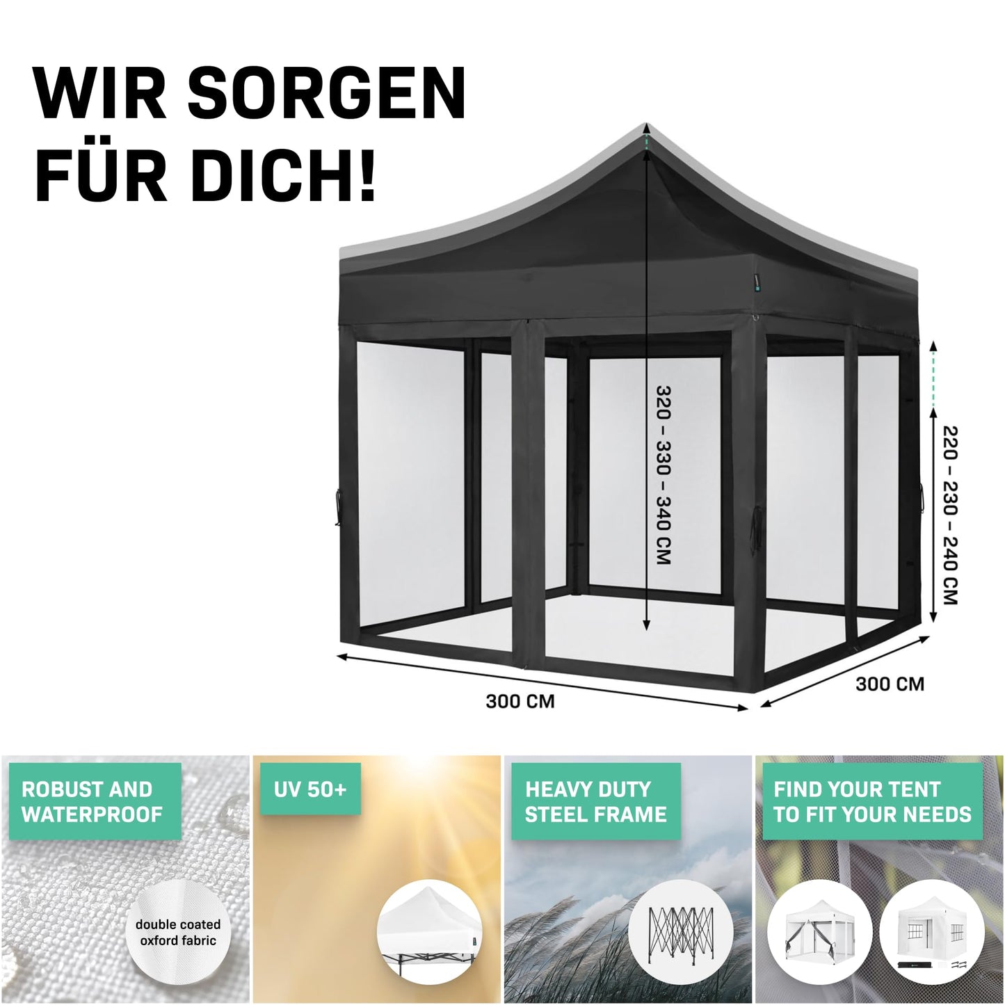 VONROC Gazebo 3 x 3 m Waterproof Stable – Party Tent EasyUp System [3Min Assembly] Pop-up Folding Gazebo Modular Expandable as Festival Tent, Garden Gazebo