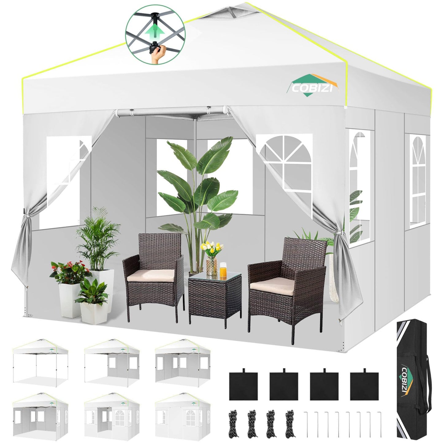 COBIZI Faltpavillon 3x6 Pavillon wasserdicht Winterfest, Ein-Tasten-Zentralverriegelung Partyzelt Faltbar Anti-UV mit 6 Seitenwänden, Gartenpavillon mit Leuchtstreifen für Hochzeiten, Freien, Garten