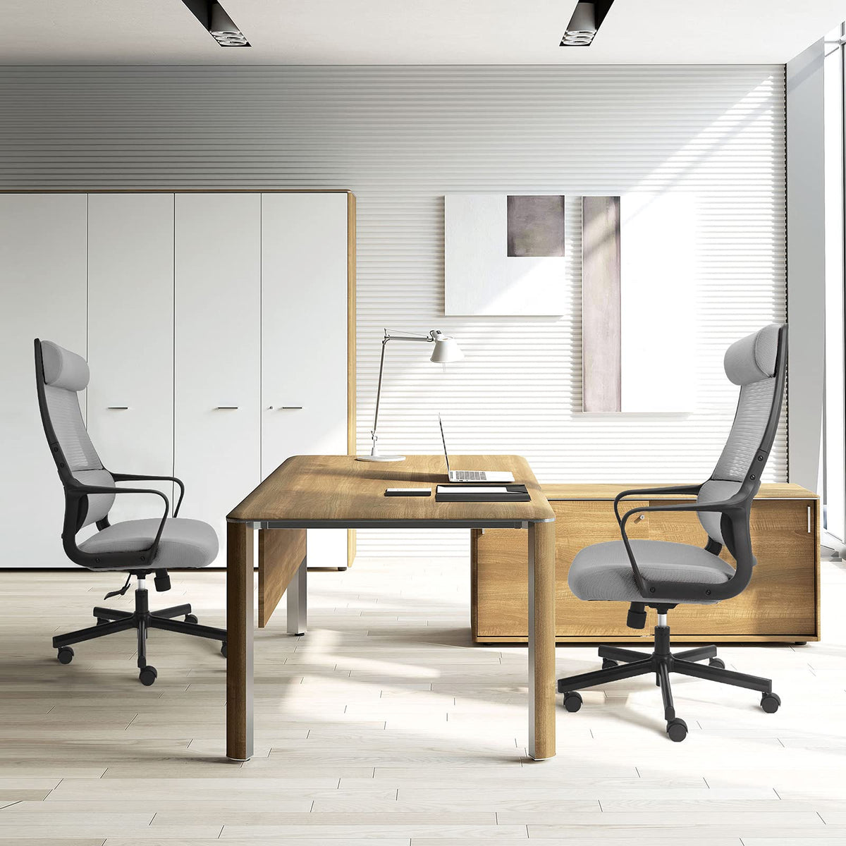 Ergonomic Office Chair with Height Adjustable Headrest, High Back, Lumbar Support, Silent Casters, Heavy Duty Chair for Conference Workspace Area, EN1335 Standard (Grey)