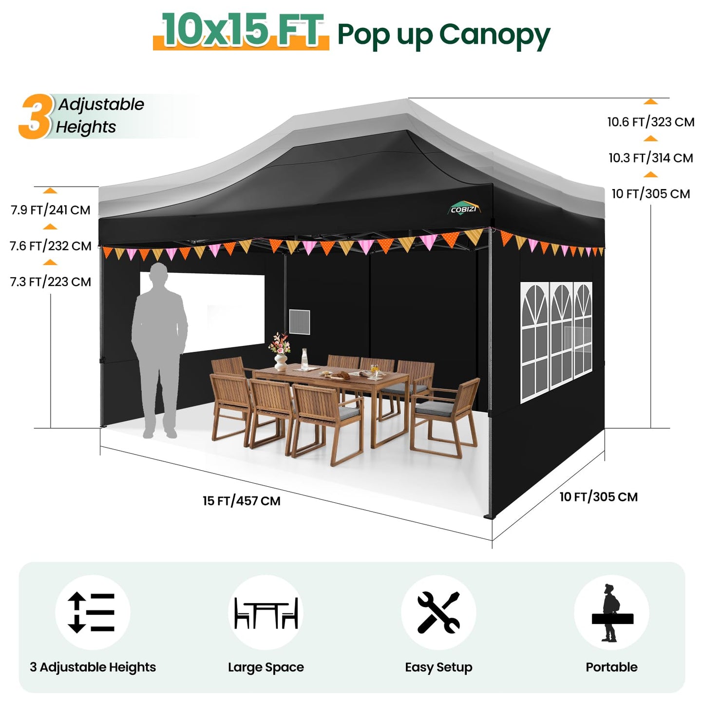 COBIZI Pavillon Faltpavillon 3x3 wasserdicht stabil Winterfest,Outdoor faltbar partyzelt，gartenpavillon mit 4 Seitenteilen und 4 Sandsack und Laufradtasche, Schwarz
