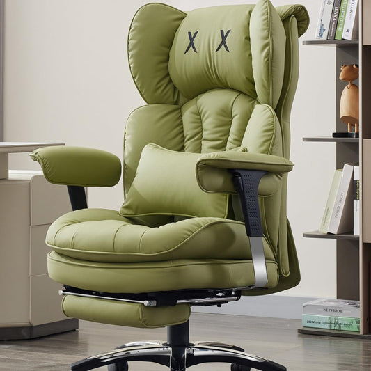 Efomao Office Chair, X Embroidery Big and Tall PU Leather Chair for Home, Adjustable High-Backed Computer Gaming Chair, 200 kg Rotating Executive Chair with Footrest and Lumbar Support, Olive Green