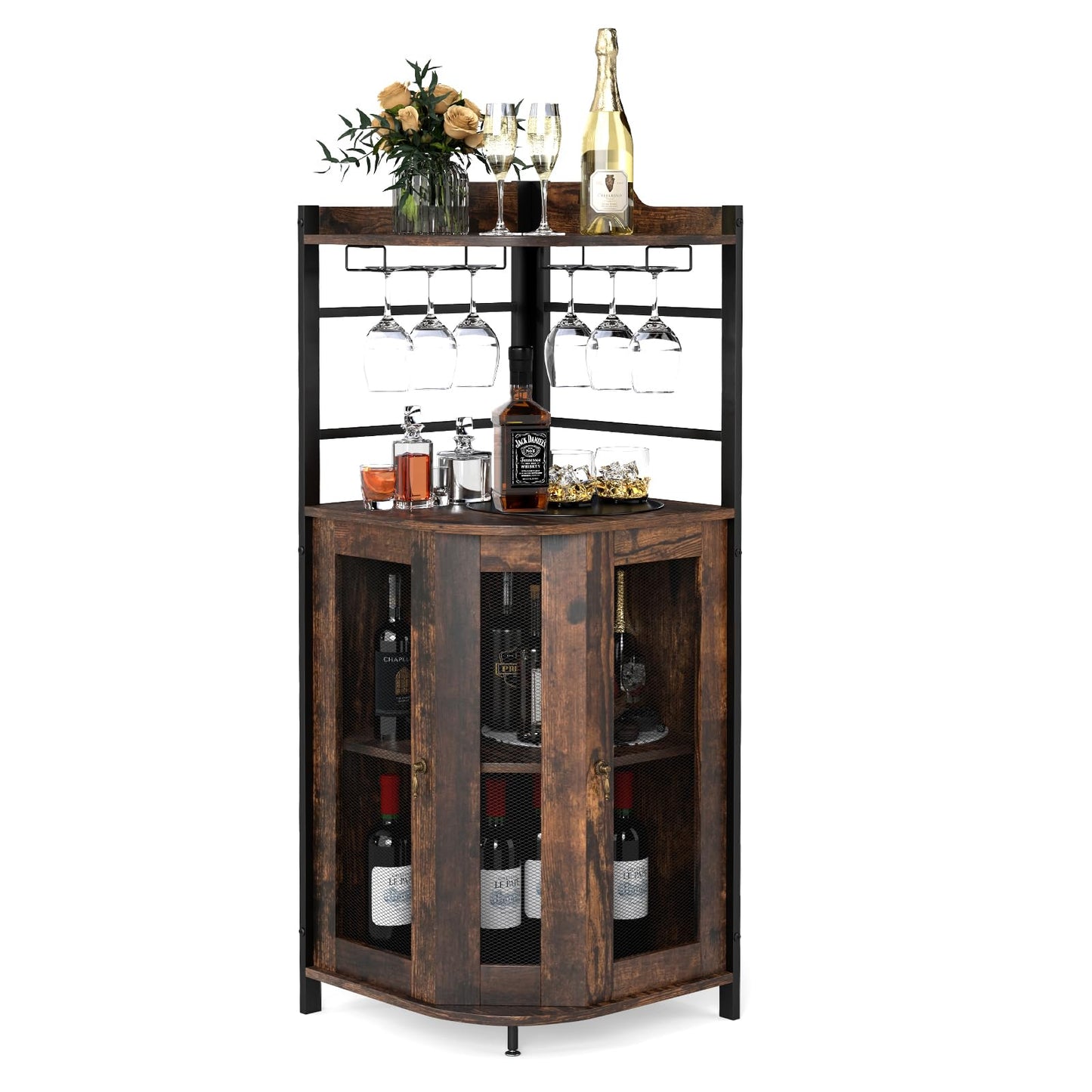 GIANTEX Weinschrank Eckschrank Industrial, Barschrank mit Glashalter, Weinbarschrank mit verstellbarem Regal, Küche Hausbar mit Metallgittertüren, Küchenschrank mit Kippschutz, 46 x 46 x 130 cm