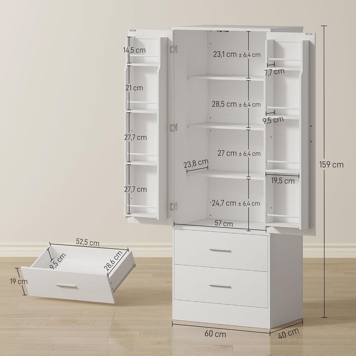 HOMCOM Kitchen Cabinet, Buffet Cabinet with 2 Doors, 8 Door Shelves, 2 Drawers, Tall Cabinet with Adjustable Shelves, Modern Storage Cabinet for Living Room, White, 60 x 40 x 159 cm
