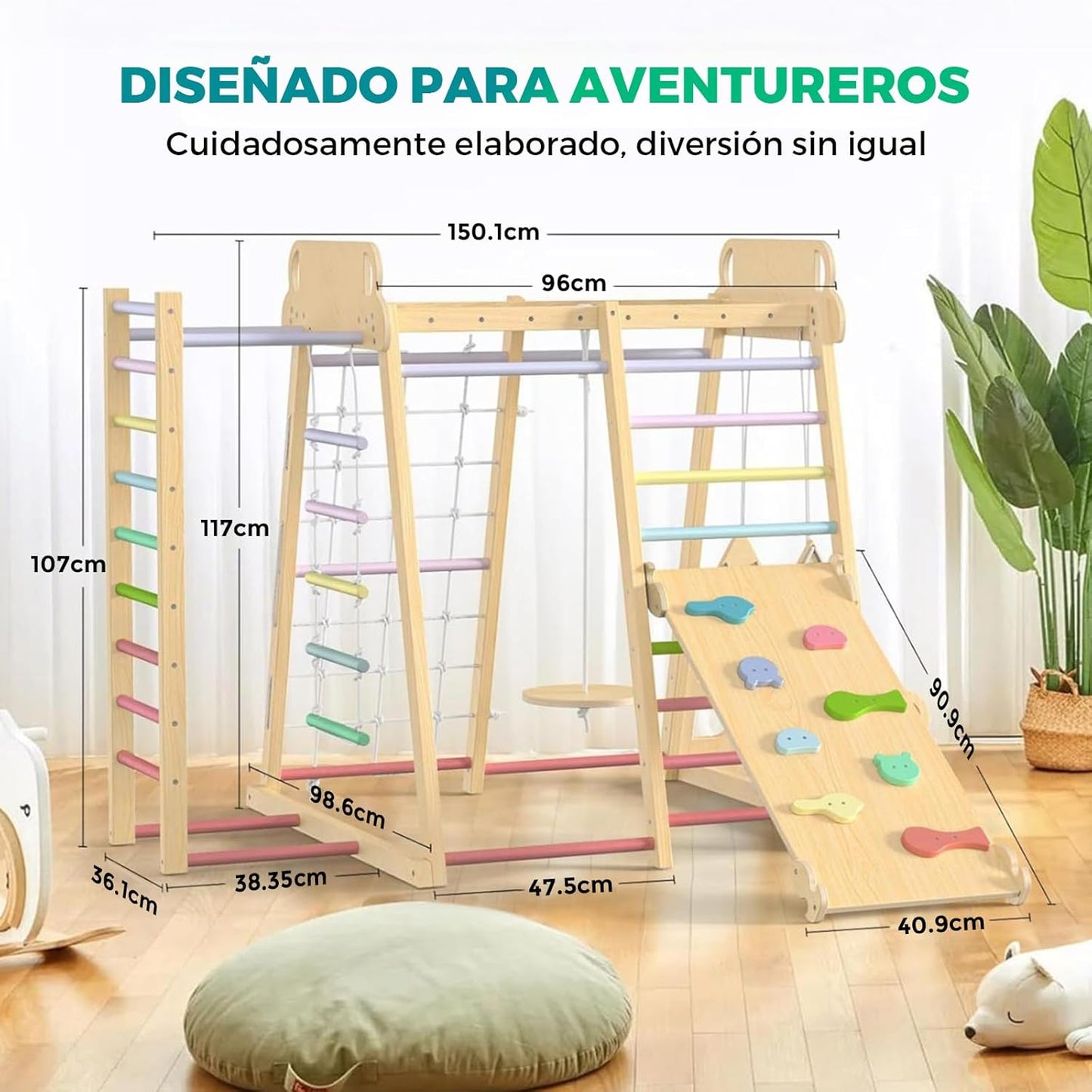 SOFTHOM Indoor Climbing Frame Montessori Climbing Triangle for Children from 1 Year Old, Indoor Playground with Slide, Climbing Net and Swings, 9-in-1 Children's Wooden Climbing Frame