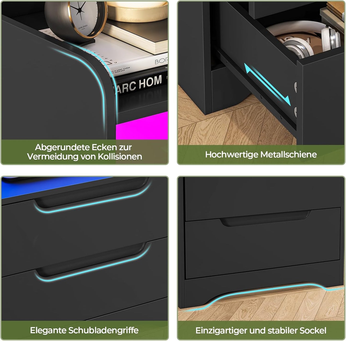 Bedside Table Set of 2 Bedside Tables with Charging Function and LED Light, Bedside Table, Set of 2 with 2 Drawers, Black Side Table, Black Coffee Table, Sofa Table for Bedroom, Living Room